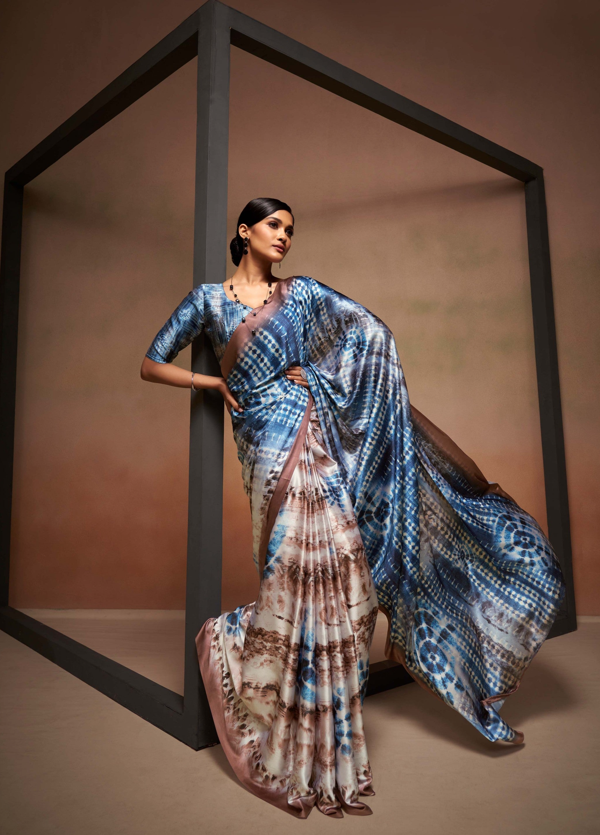 Azure Blossom Cyan Blue Printed Satin Silk Saree