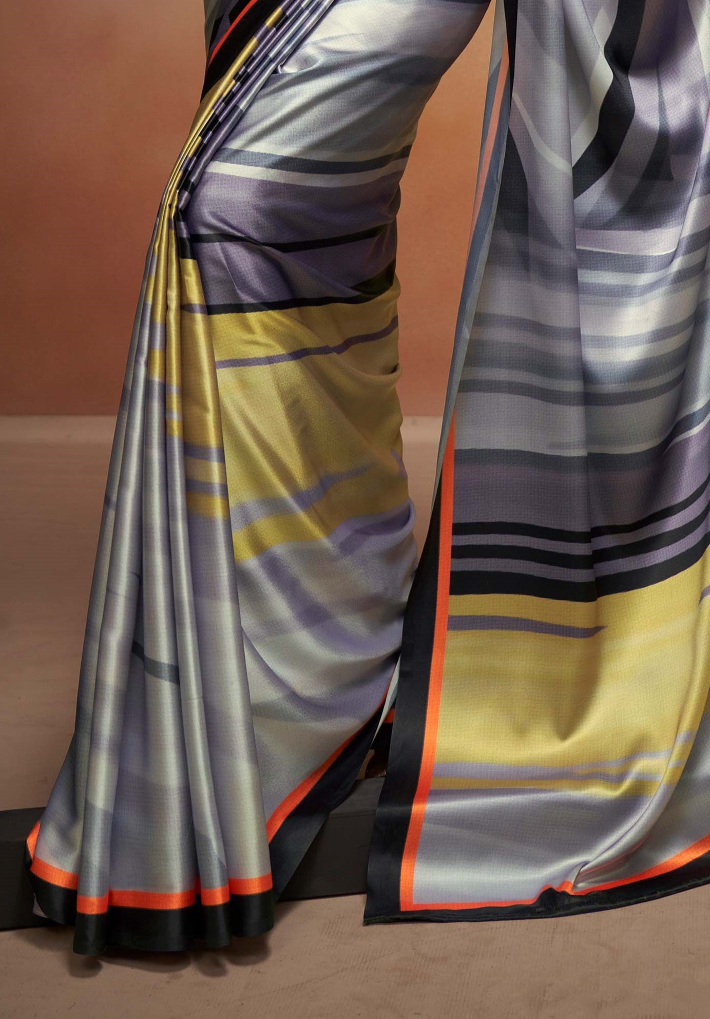 Stormy Grey Printed Satin Silk Saree