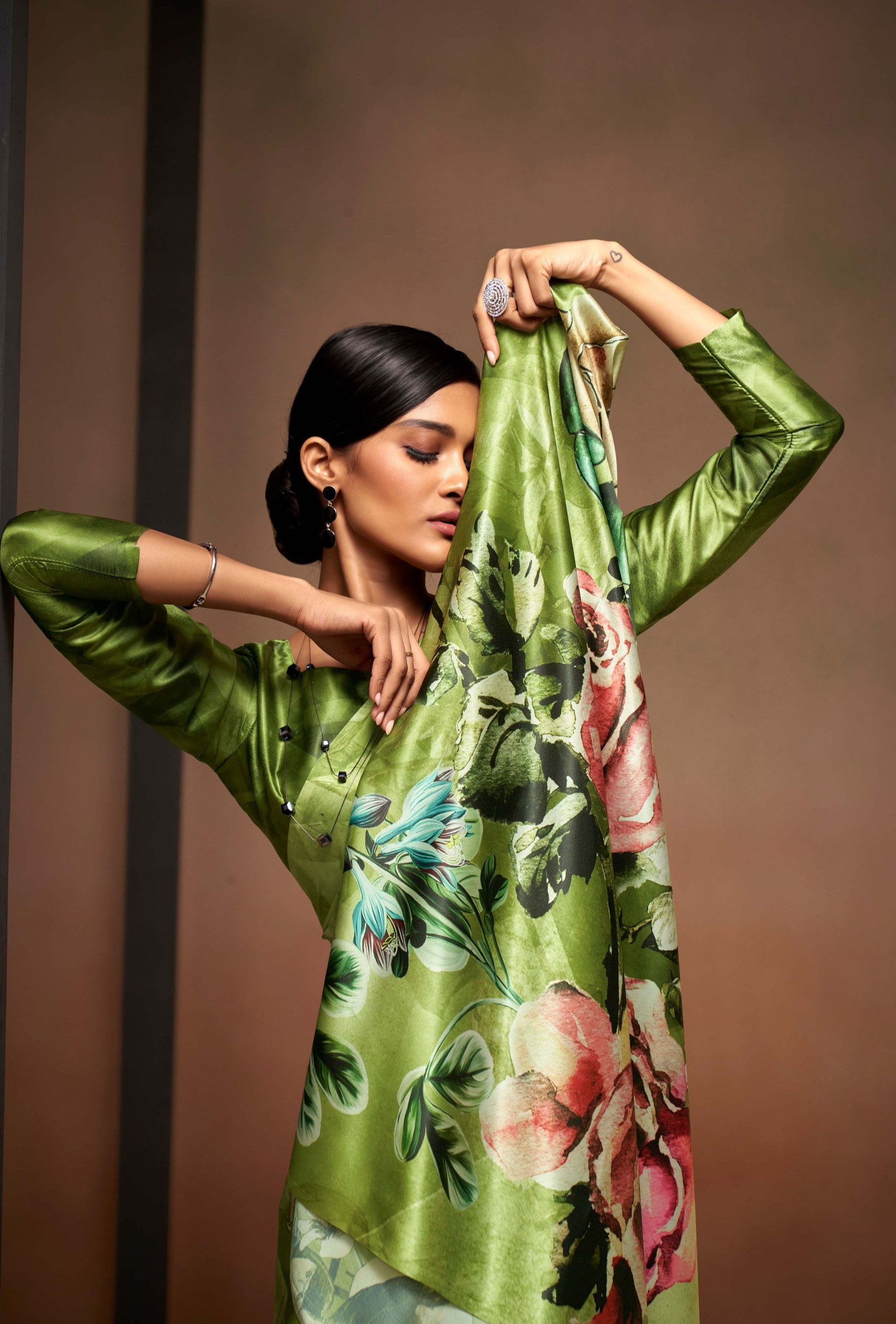 Seagrass Green Printed Satin Silk Saree