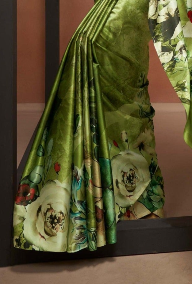 Seagrass Green Printed Satin Silk Saree