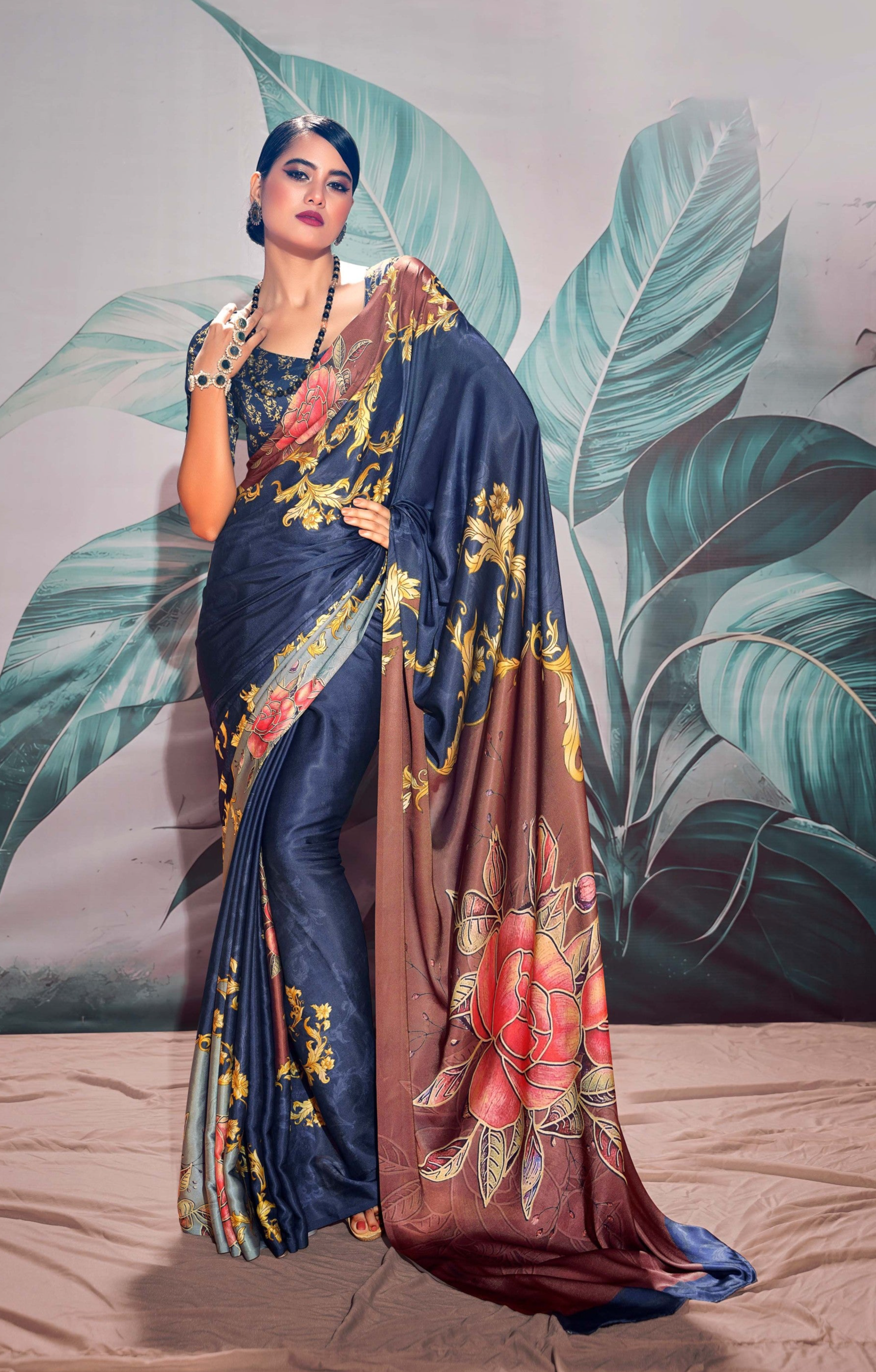 Aqua Patina Printed Satin Silk Saree