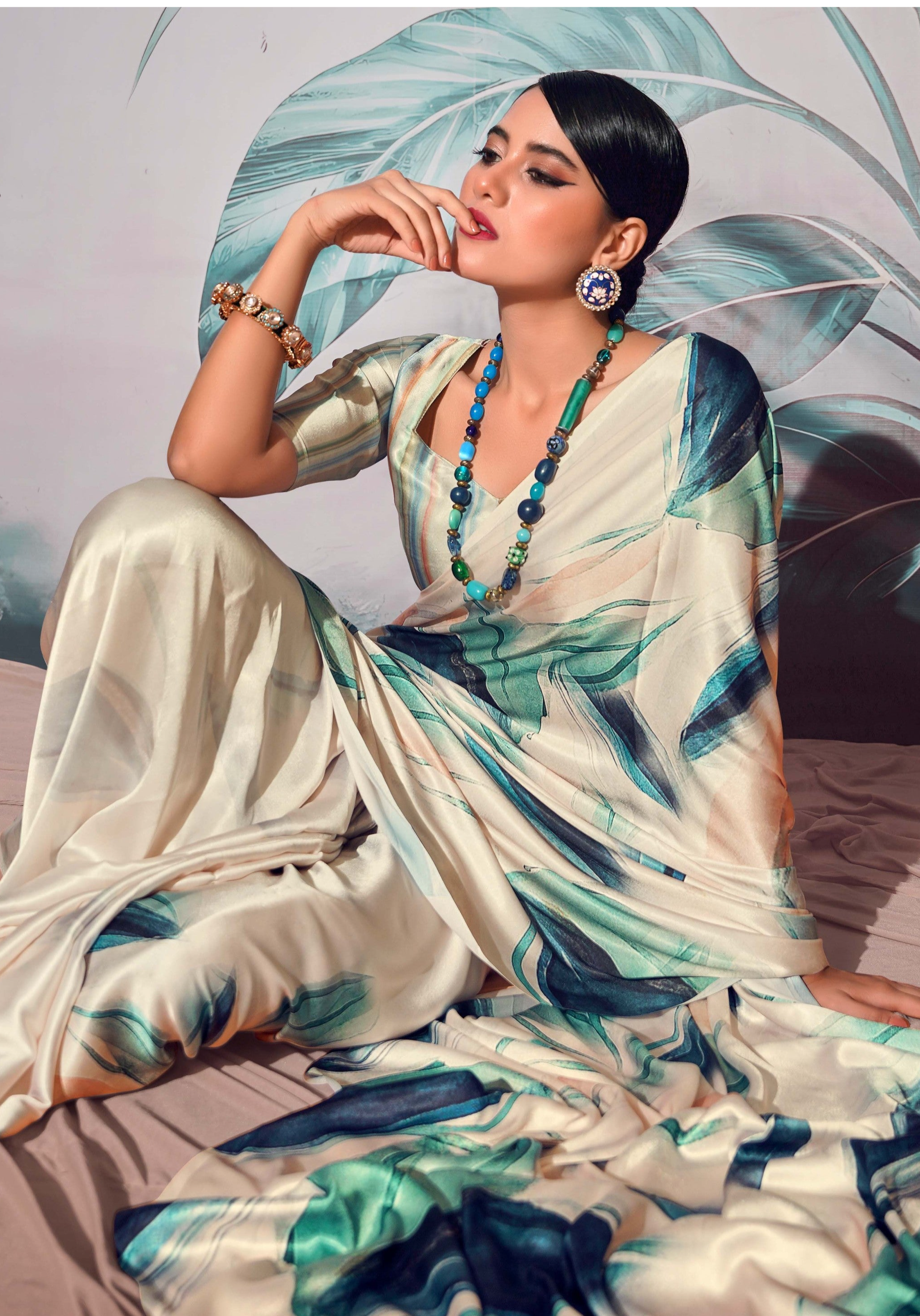 Negroni Cream Colour Printed Satin Silk Saree