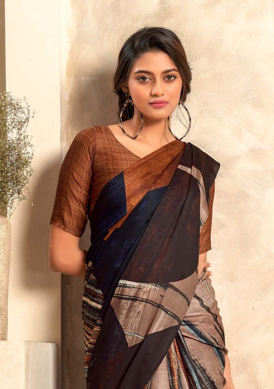 Fugacious Brown Digital Printed Soft Silk Saree