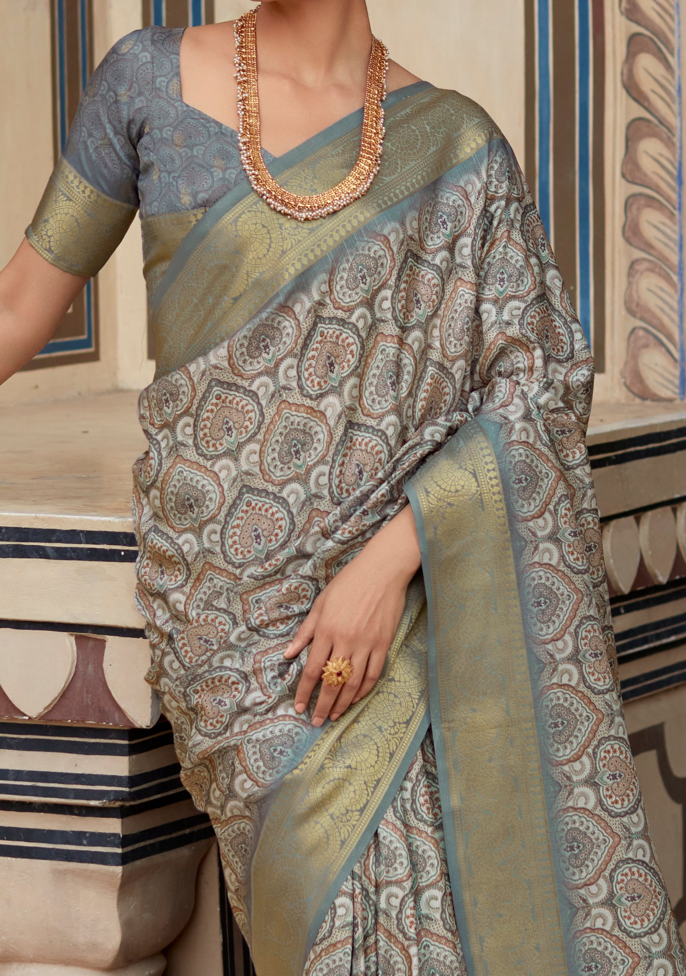 Granite Grey Banarasi Printed Silk Saree