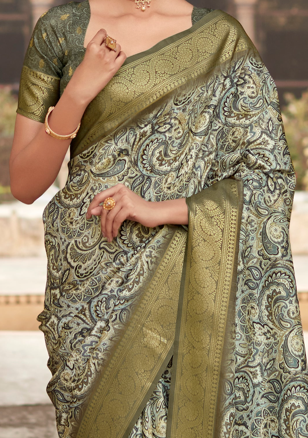 Elegant Mint Green Banarasi Printed Silk Saree: