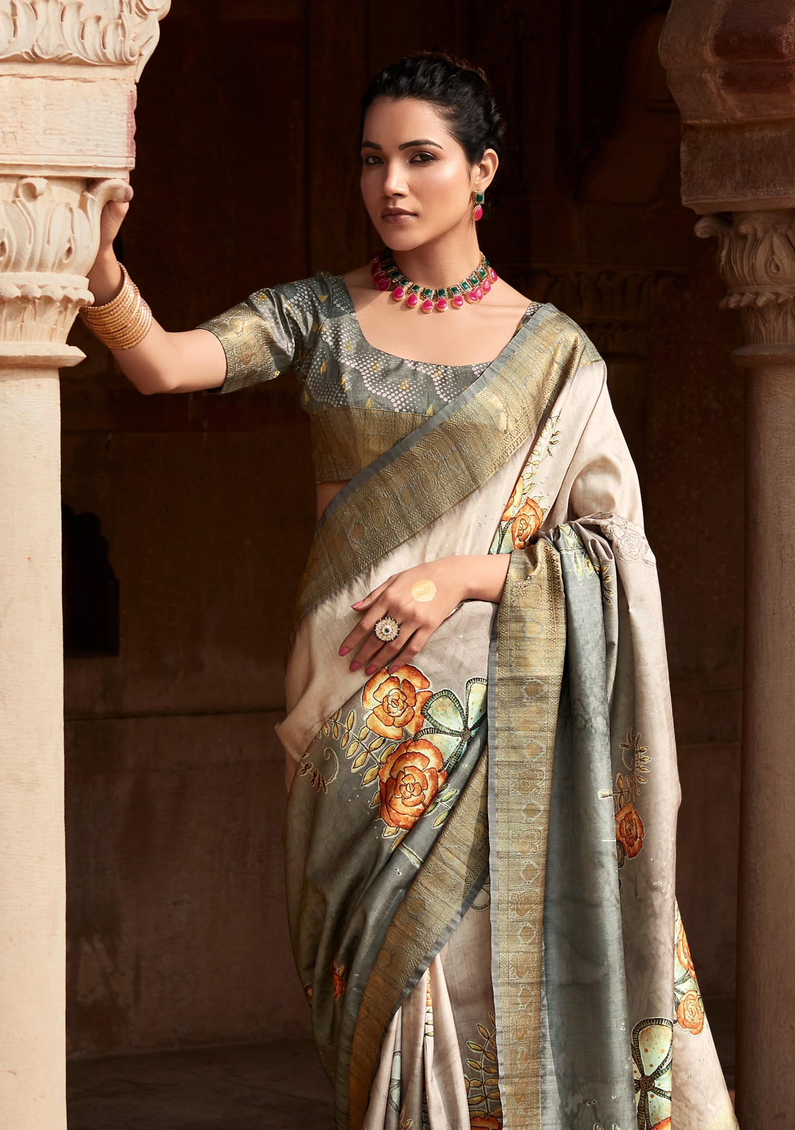 Misty Grey Digital Printed Soft Silk Saree