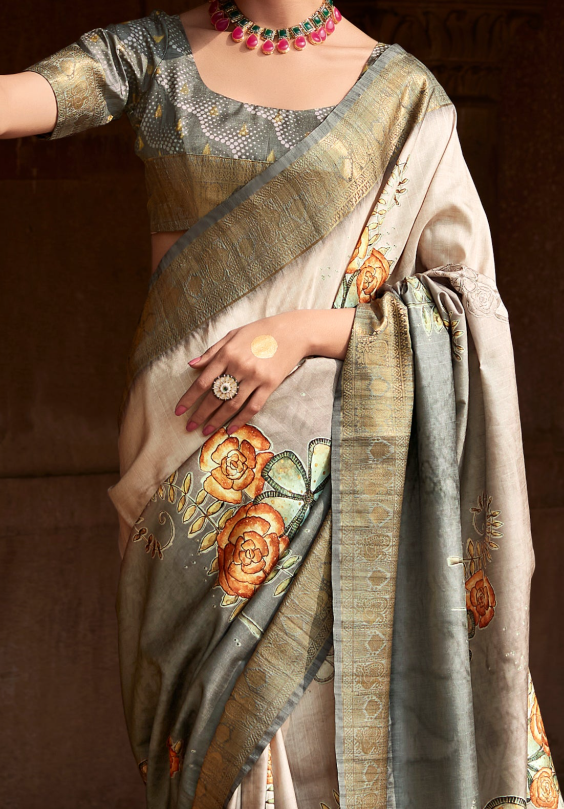 Misty Grey Digital Printed Soft Silk Saree