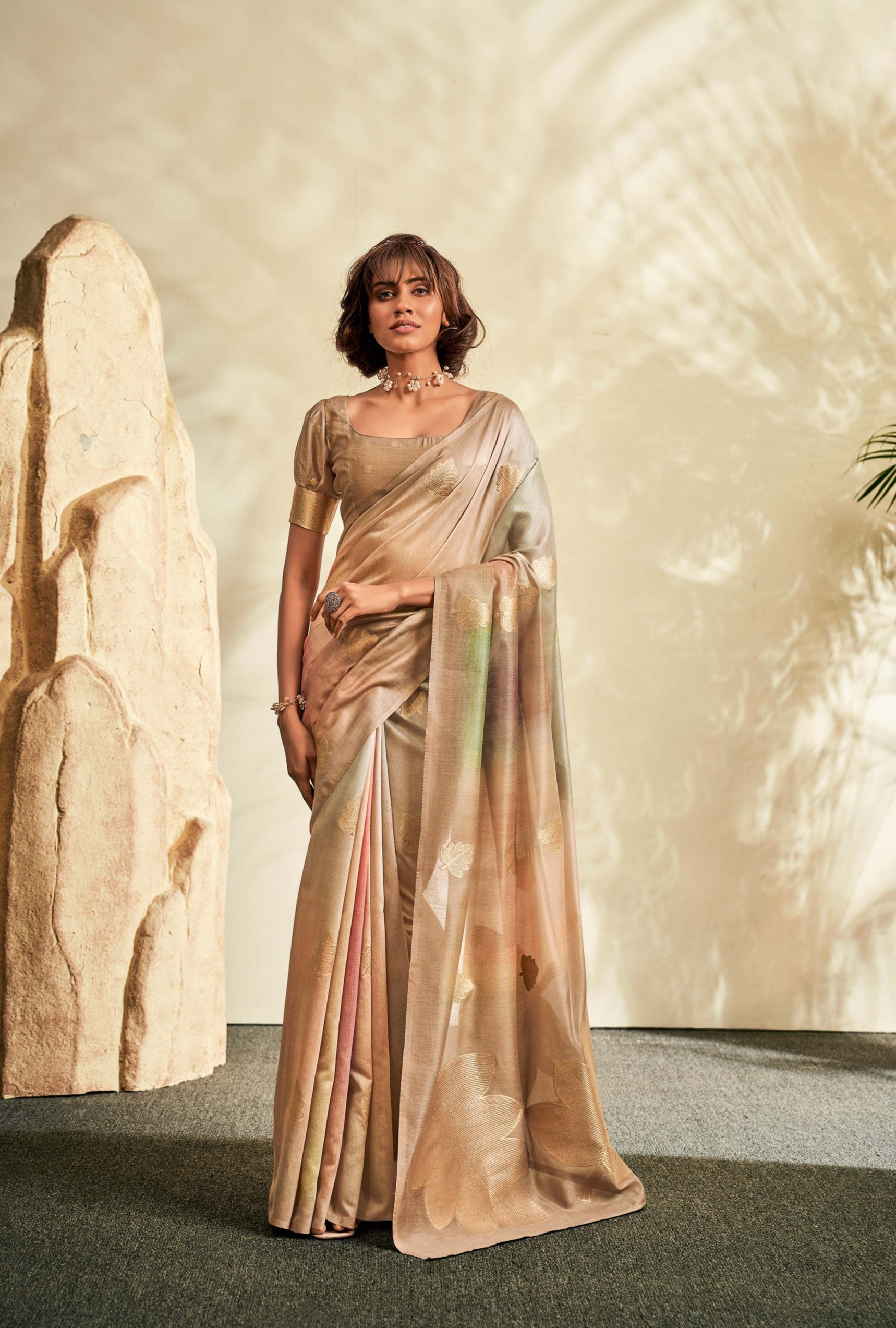 Radiant Beige Handloom Khadi Silk Saree