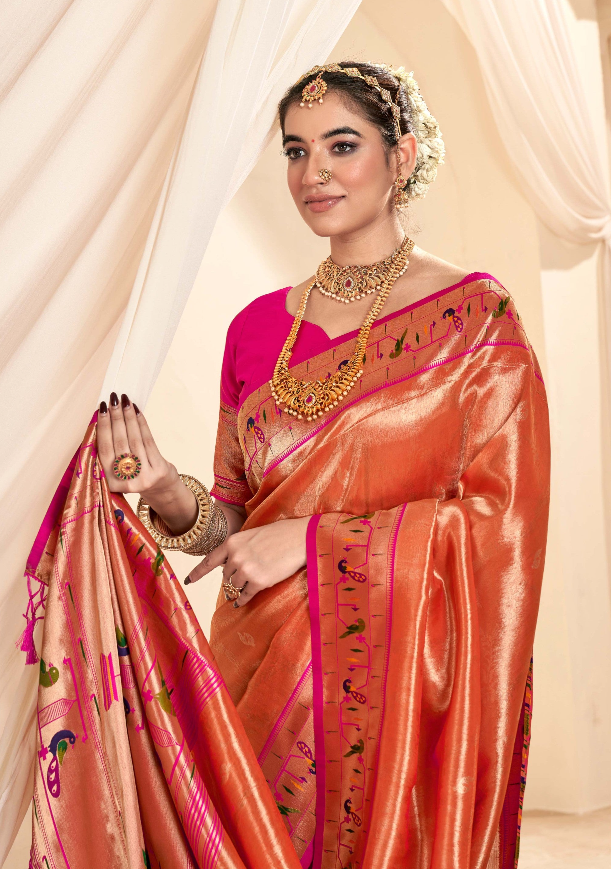 Vibrant Orange Paithani Tissue Silk Saree