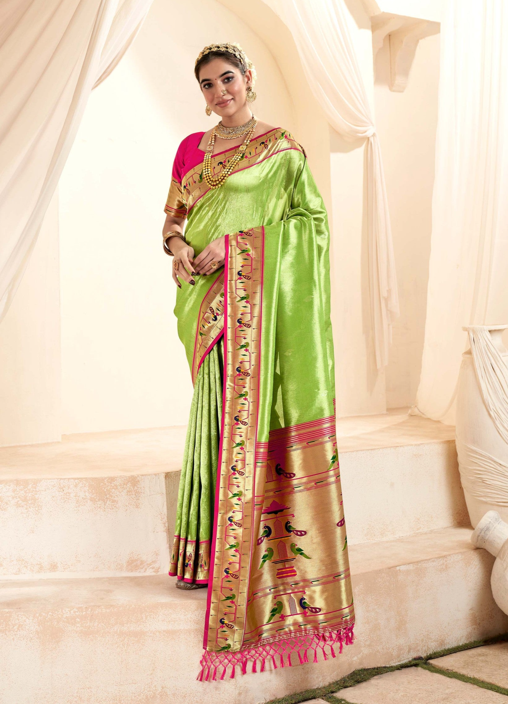 Graceful Pista Green Paithani Tissue Silk Saree