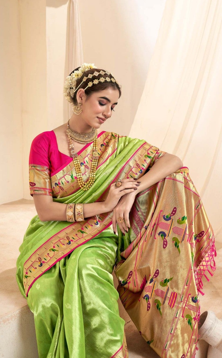 Graceful Pista Green Paithani Tissue Silk Saree