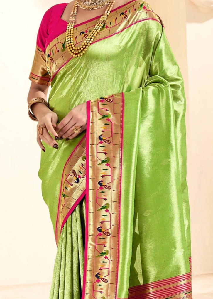 Graceful Pista Green Paithani Tissue Silk Saree