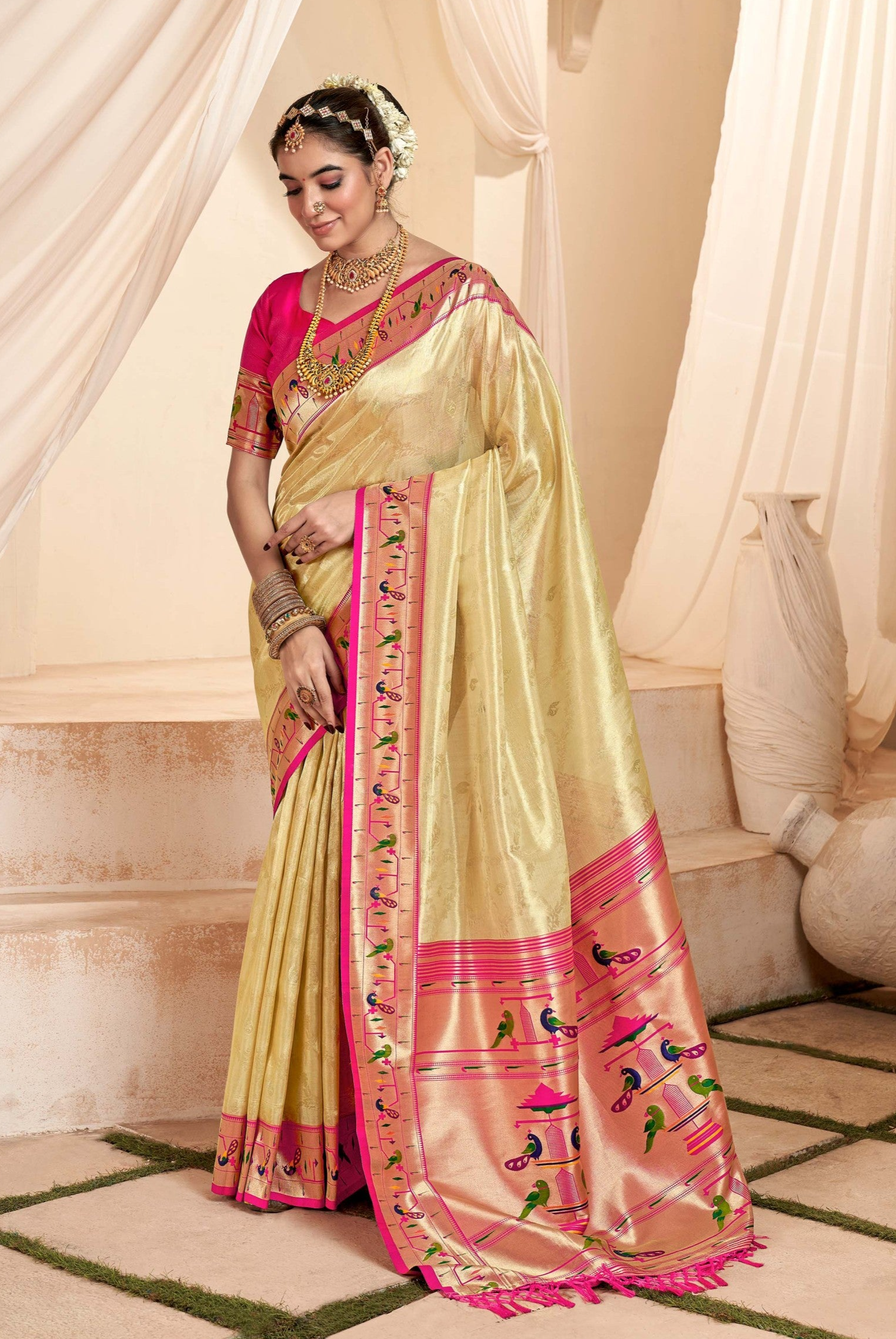 Classic Cream Paithani Tissue Silk Saree