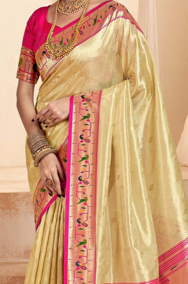 Classic Cream Paithani Tissue Silk Saree