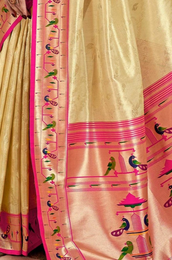 Classic Cream Paithani Tissue Silk Saree