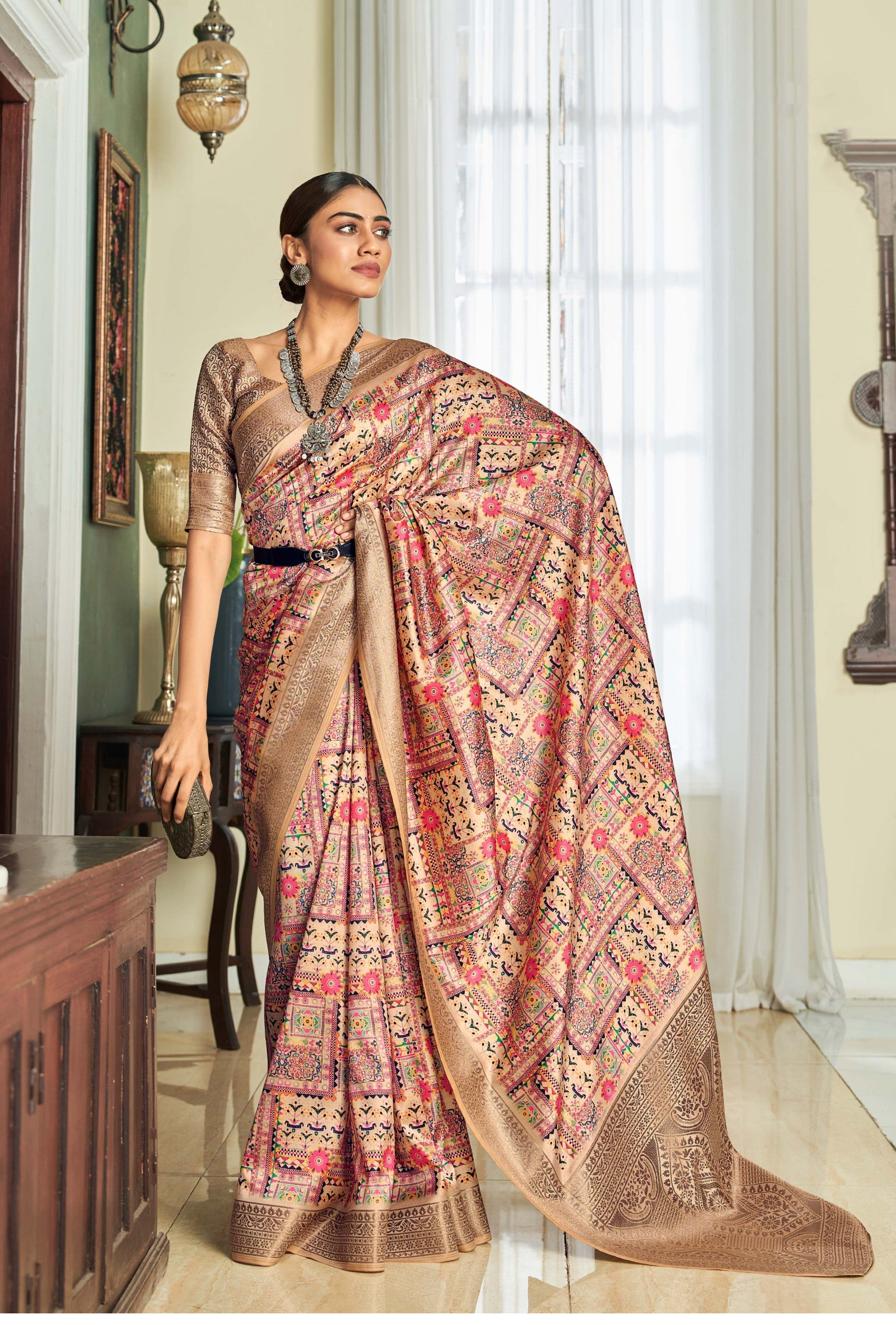 Elegant Cream Banarasi Satin Silk Saree