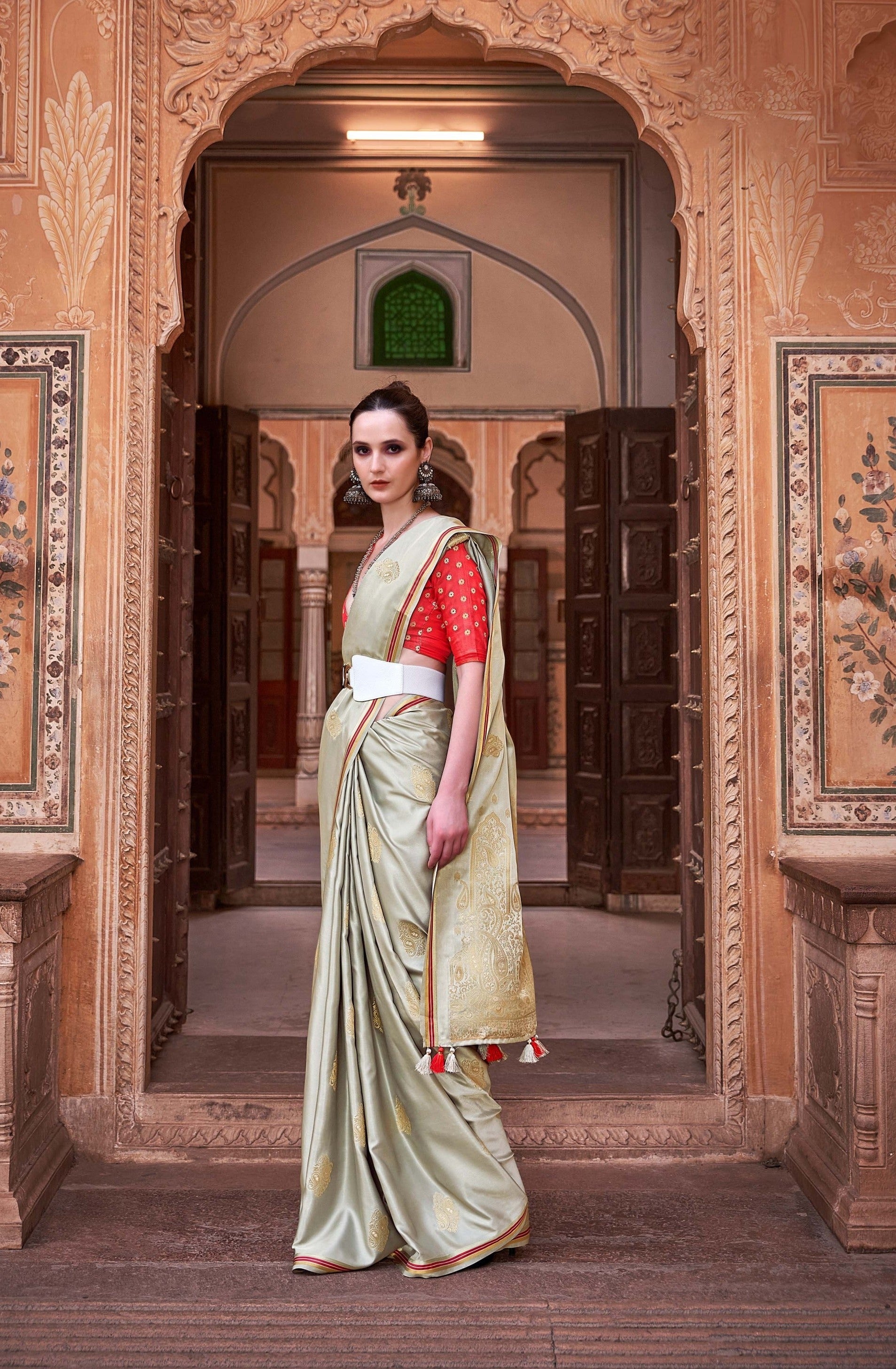 Ethereal Grey Satin Silk Saree