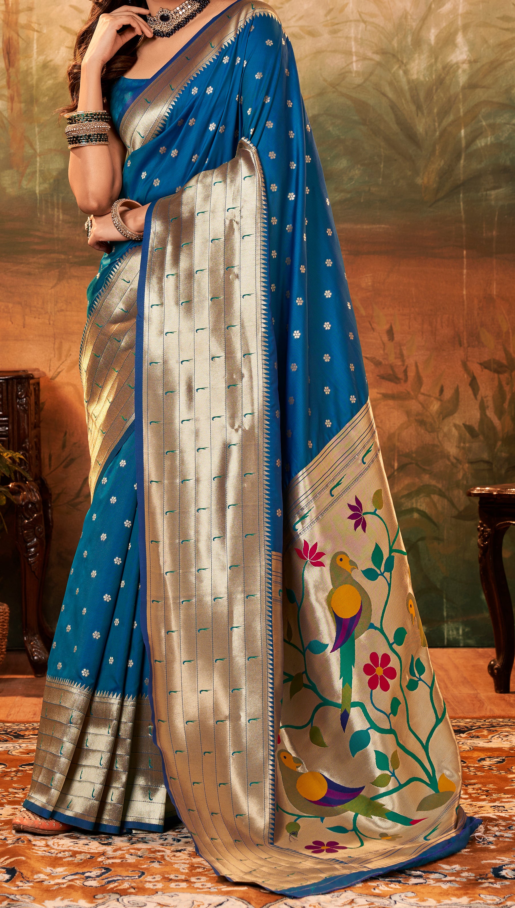 Citrusy Blue Pure Paithani Silk with Zari Weaving  Saree