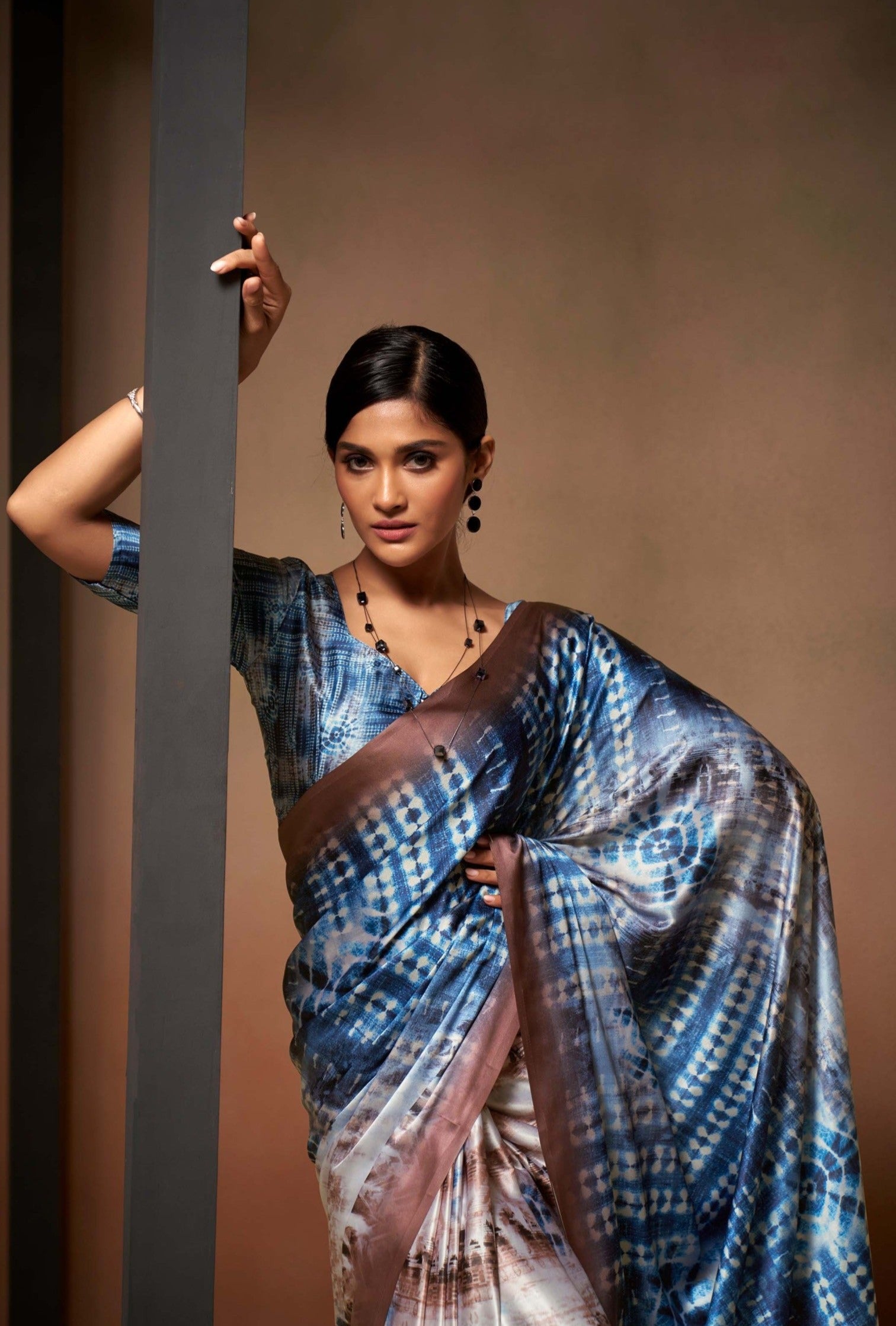 Azure Blossom Cyan Blue Printed Satin Silk Saree