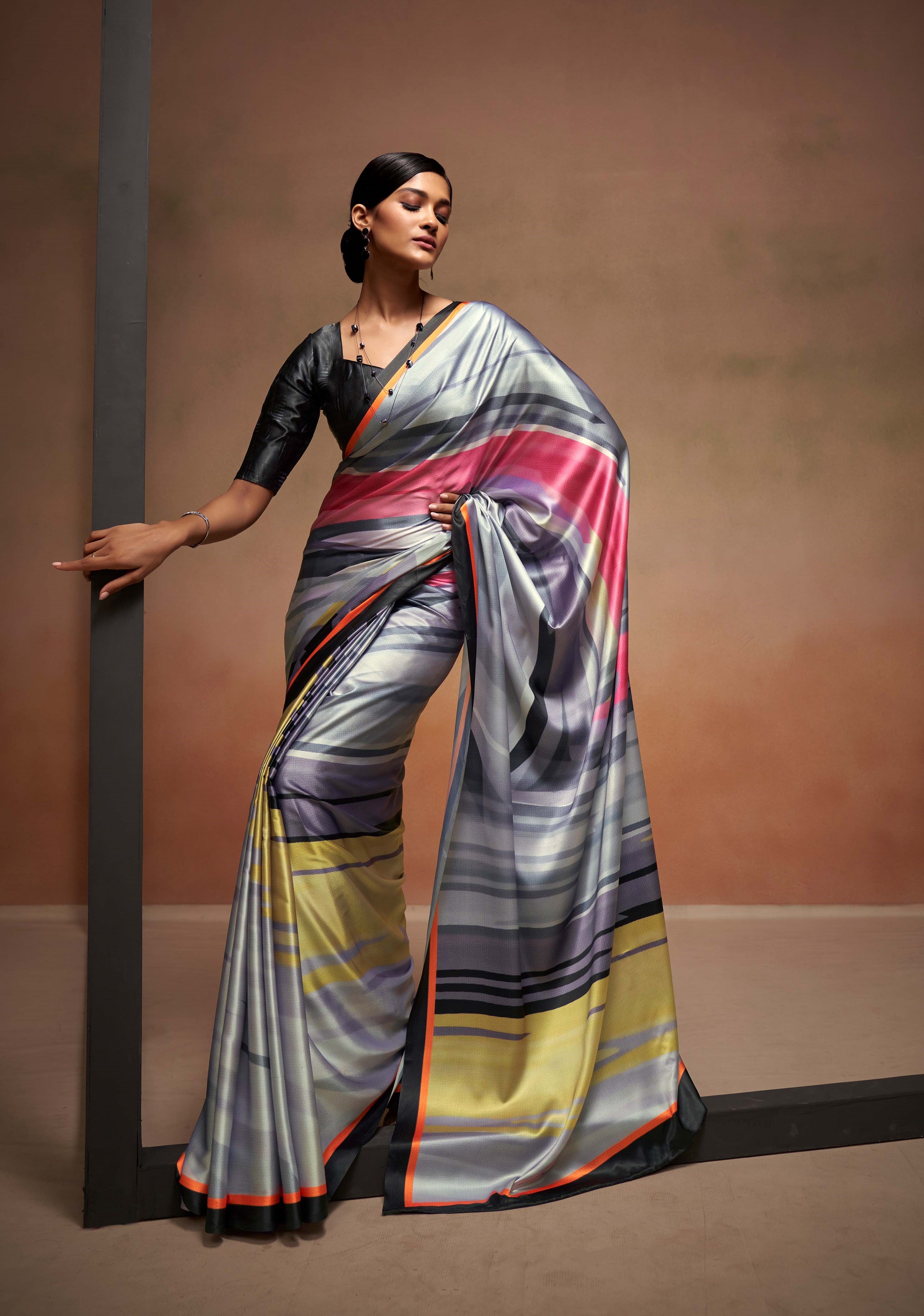 Stormy Grey Printed Satin Silk Saree