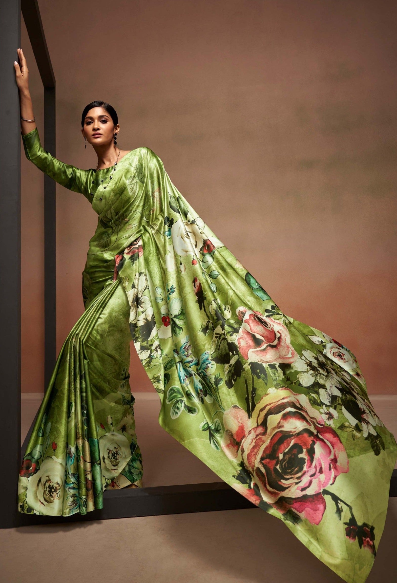 Seagrass Green Printed Satin Silk Saree