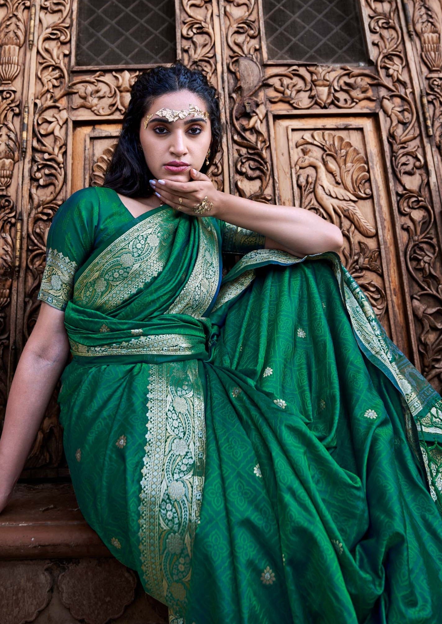 Enchanting Forest Dark Green Woven Banarasi Satin Silk Saree