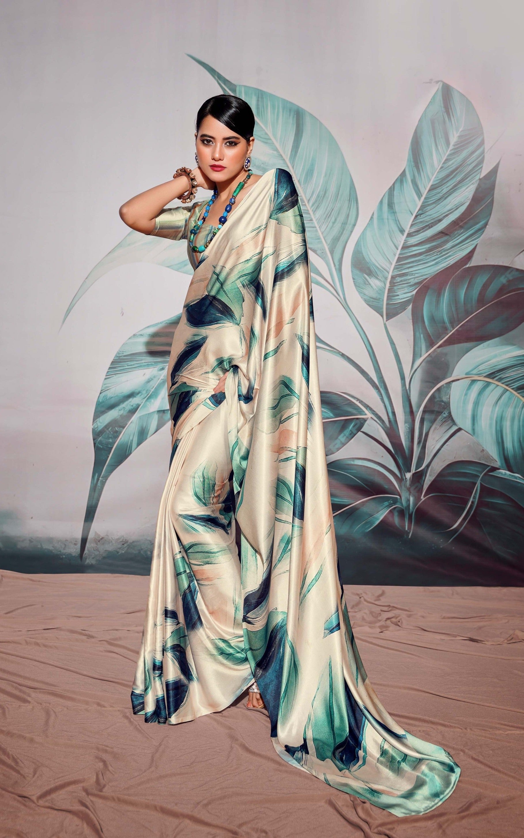 Negroni Cream Colour Printed Satin Silk Saree