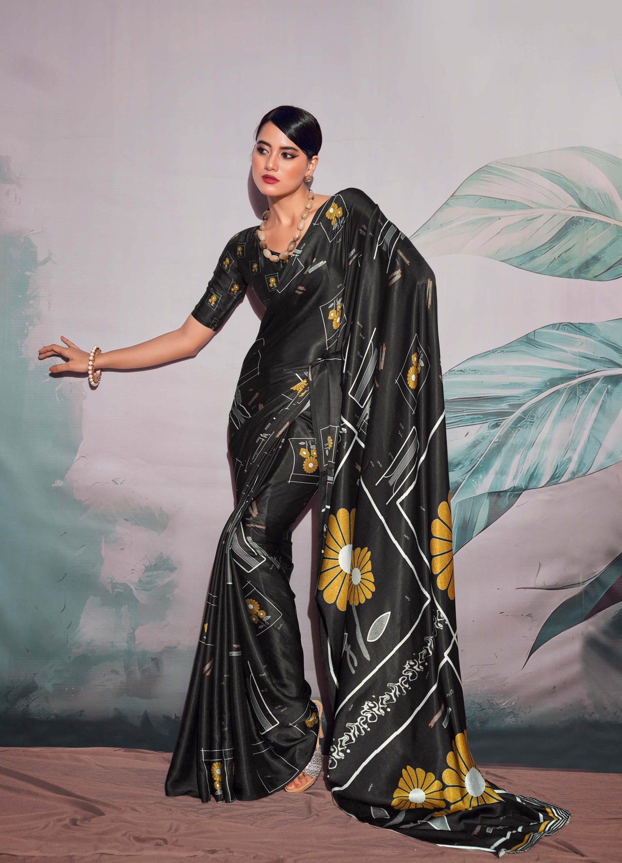 Cape Cod Black Printed Satin Silk Saree