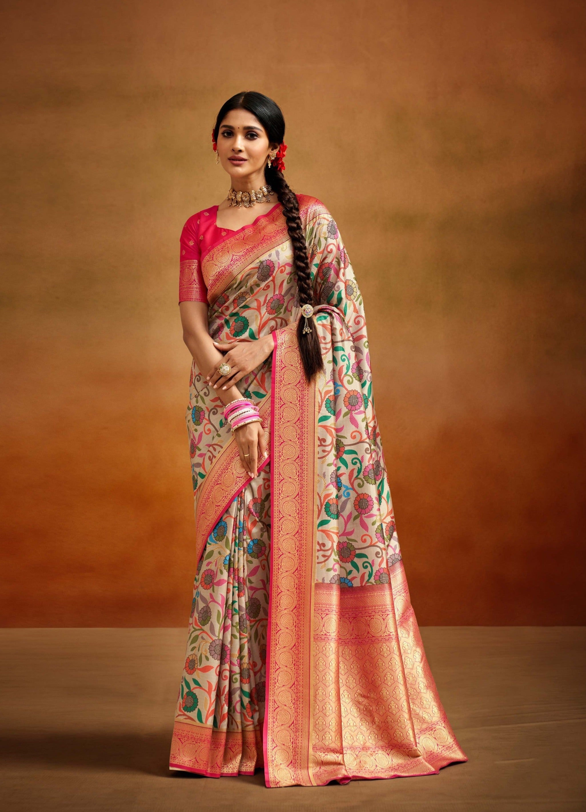 Dual Tone Cream and Pink Woven Banarasi Kalamkari Silk Saree