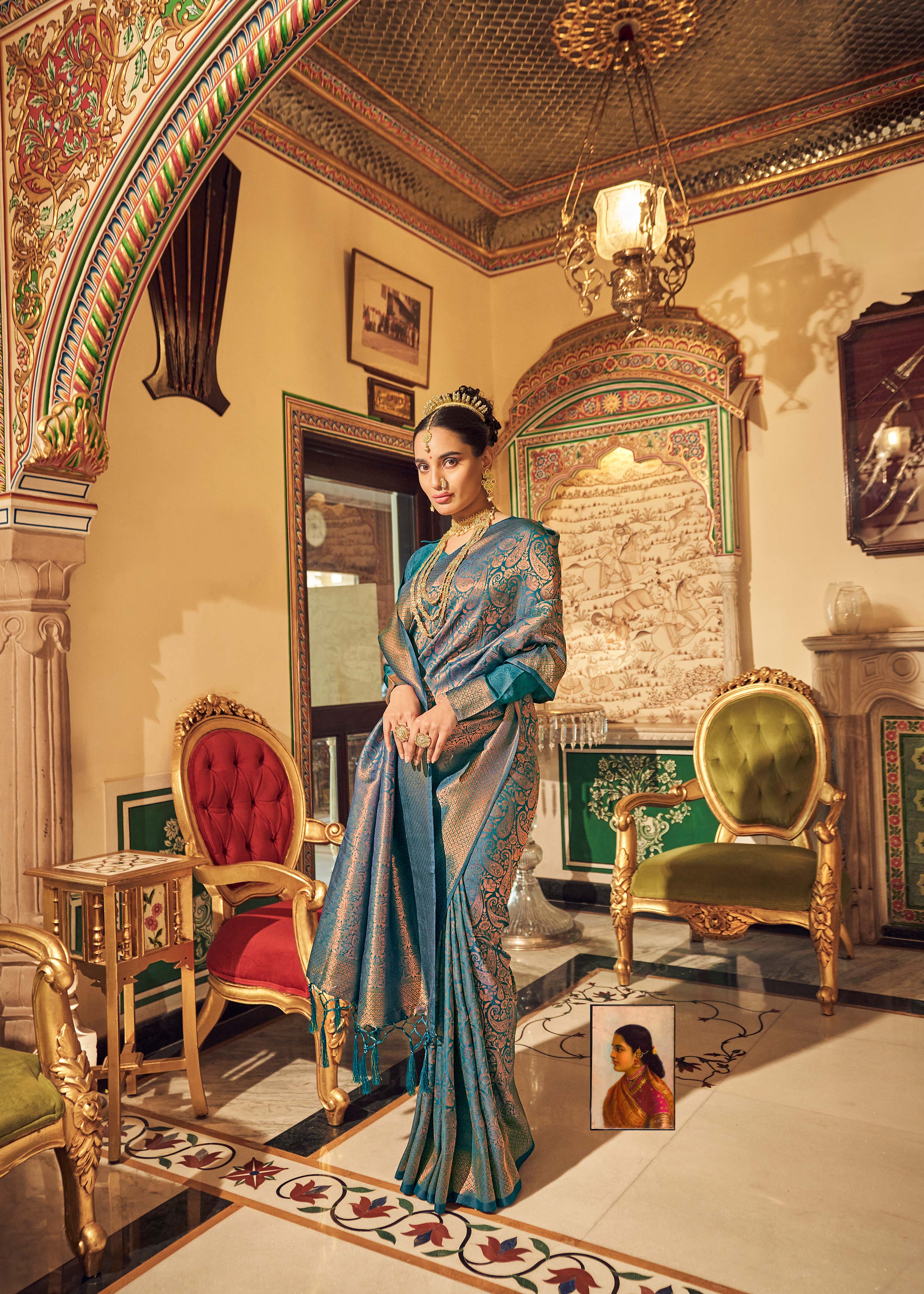 Celestial Peacock Blue Zari Woven Kanjivaram Silk Saree