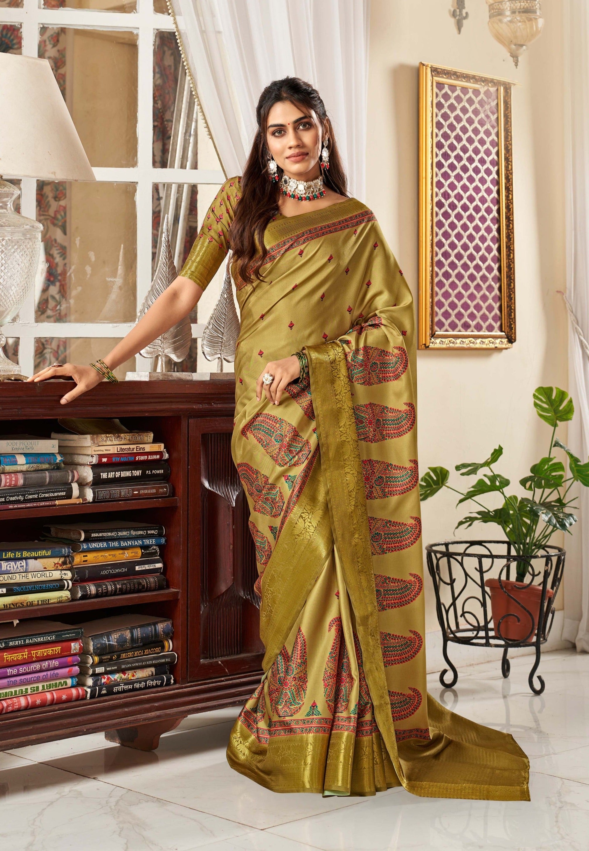 Enchanted Mehndi Green Satin Silk Saree