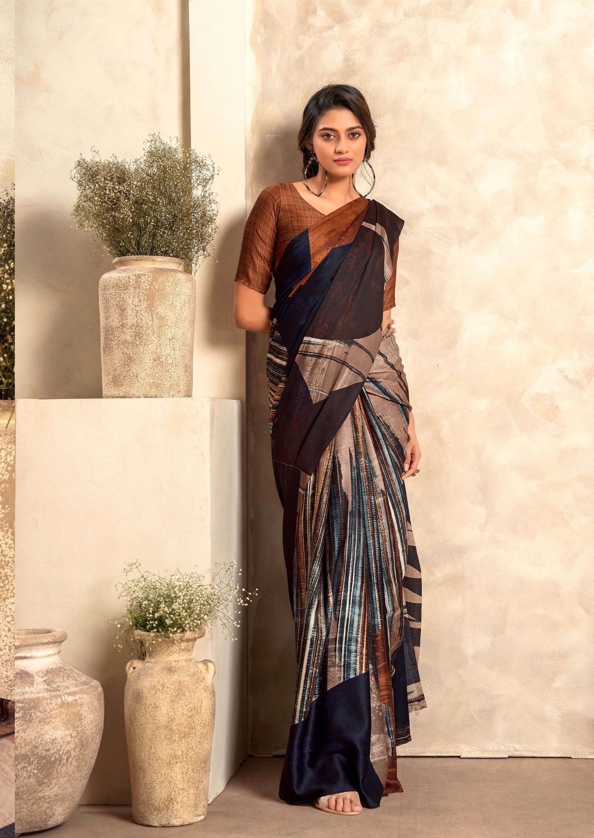 Fugacious Brown Digital Printed Soft Silk Saree