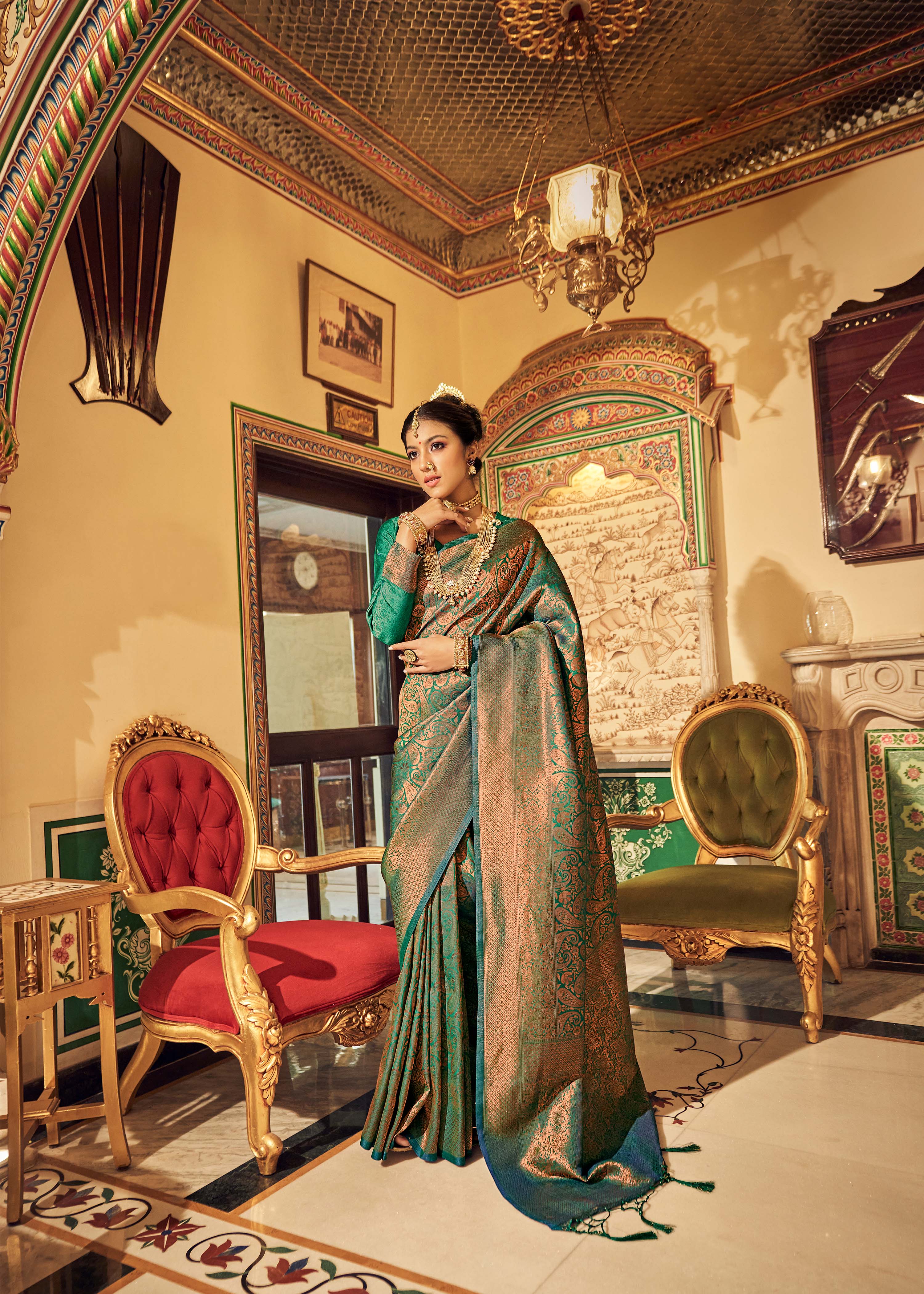 Pine Green Zari Woven Kanjivaram Silk Saree