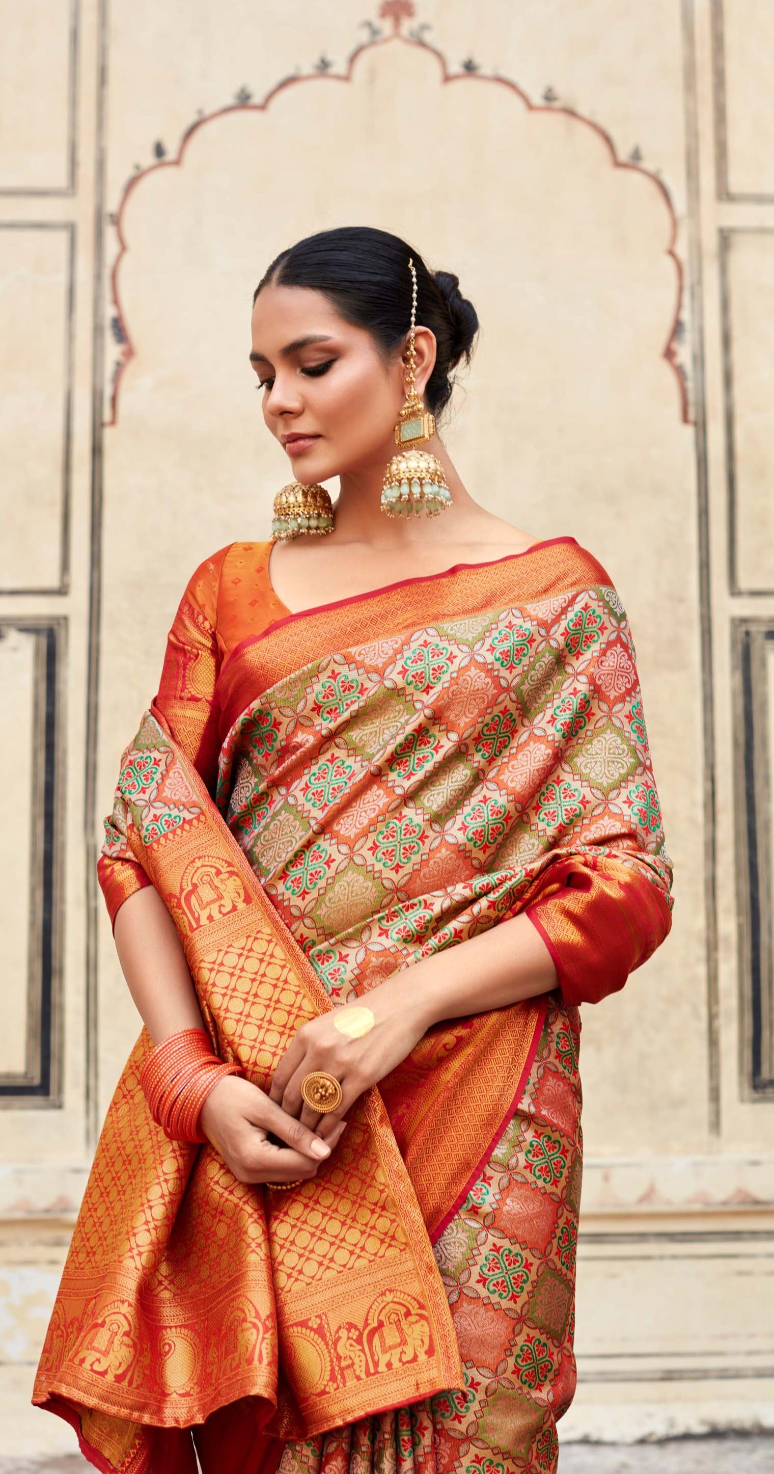 Peach Glow Orange Woven Banarasi Silk Saree