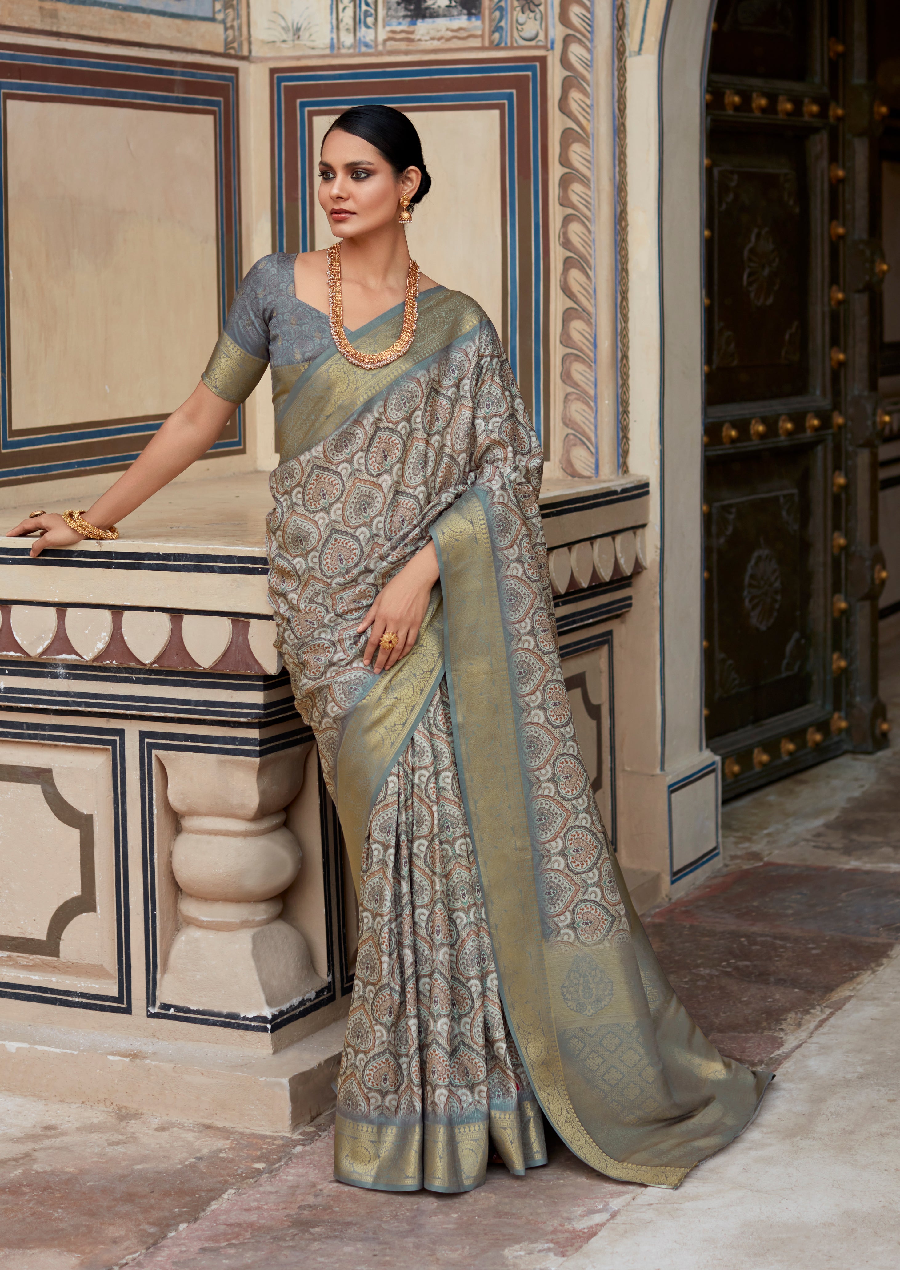 Granite Grey Banarasi Printed Silk Saree