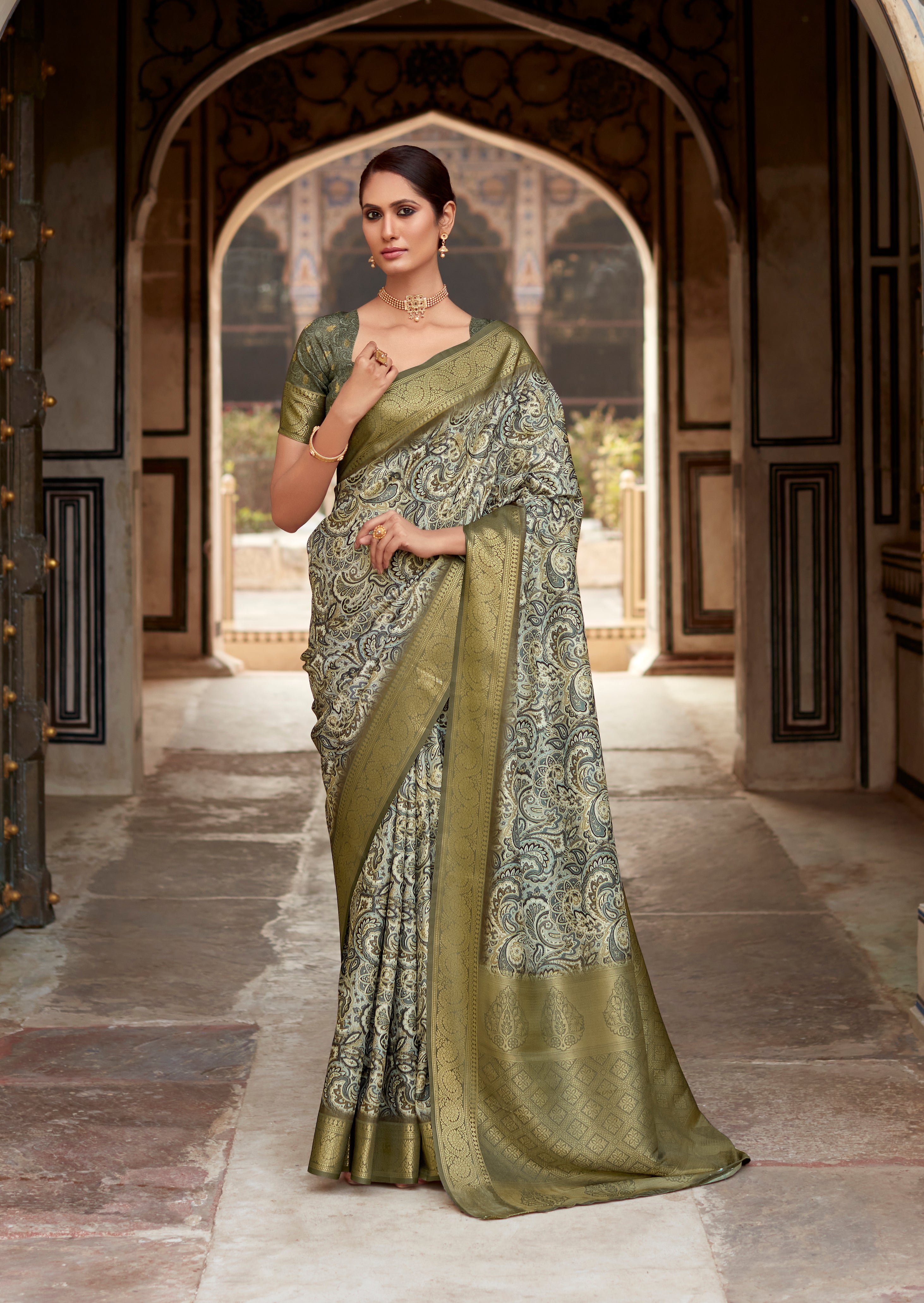 Elegant Mint Green Banarasi Printed Silk Saree: