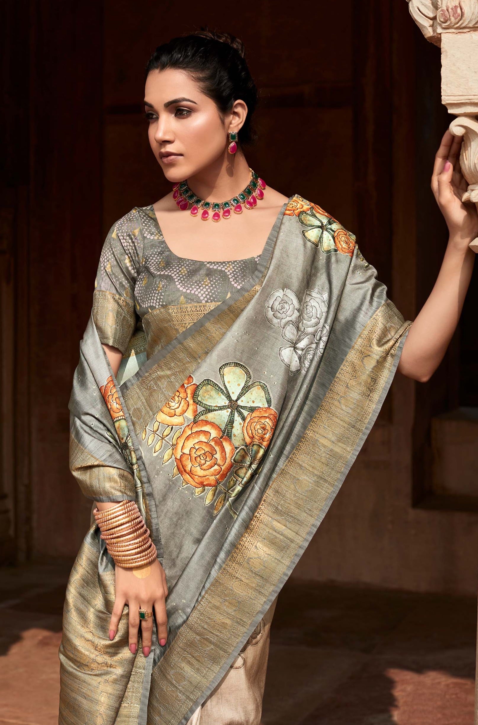 Misty Grey Digital Printed Soft Silk Saree