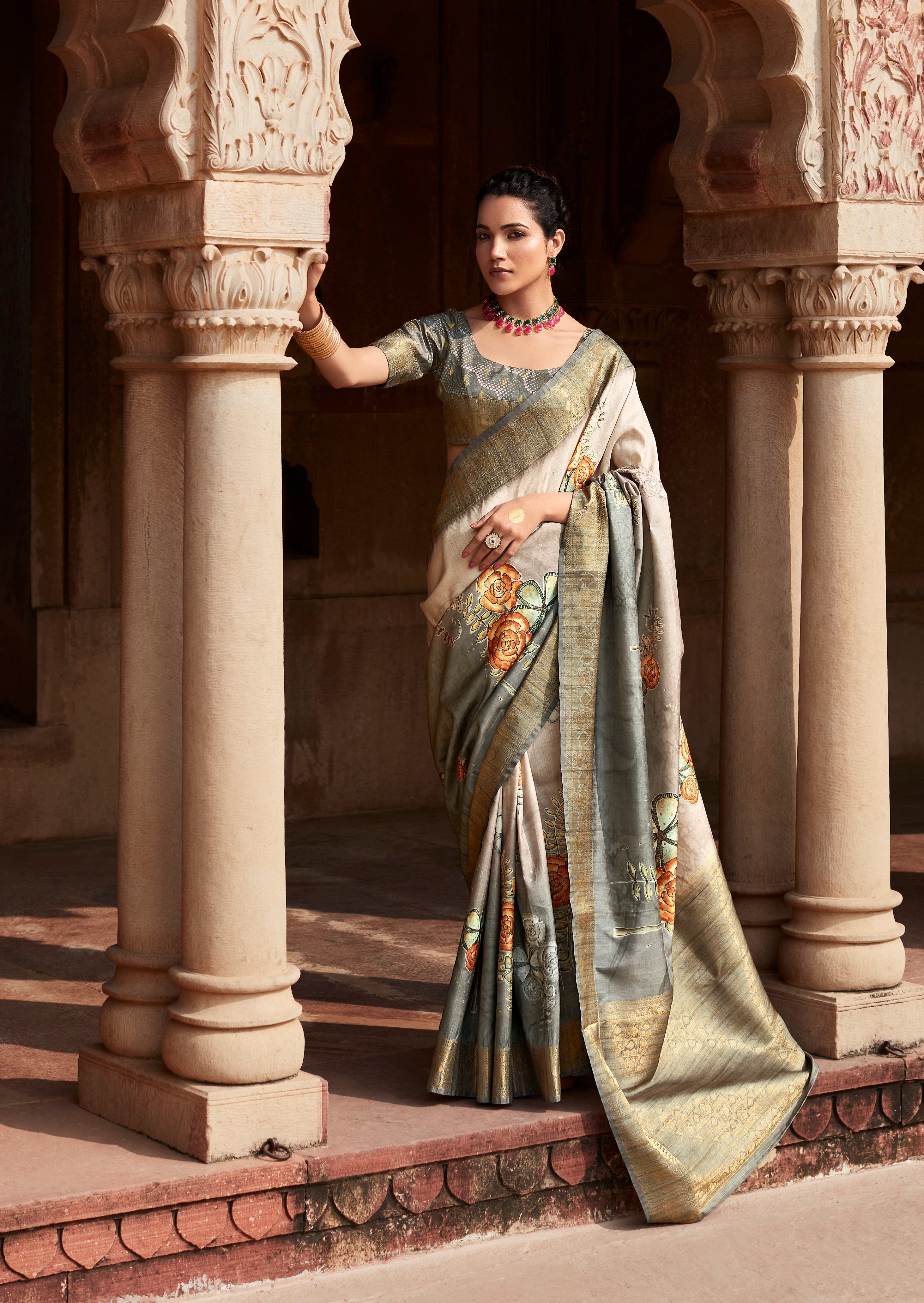 Misty Grey Digital Printed Soft Silk Saree