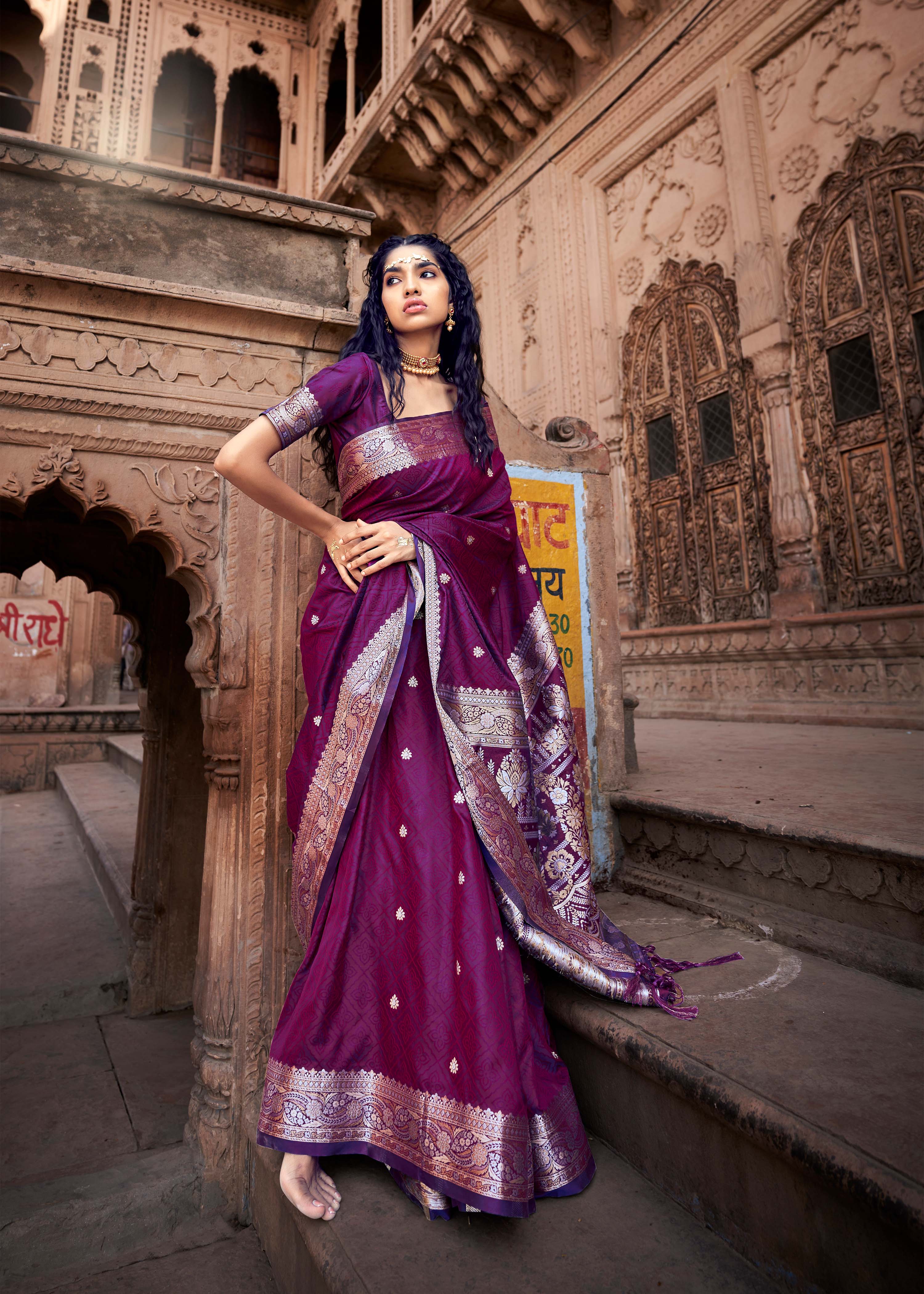 Royal Purple Amethyst Banarasi Satin Silk Saree