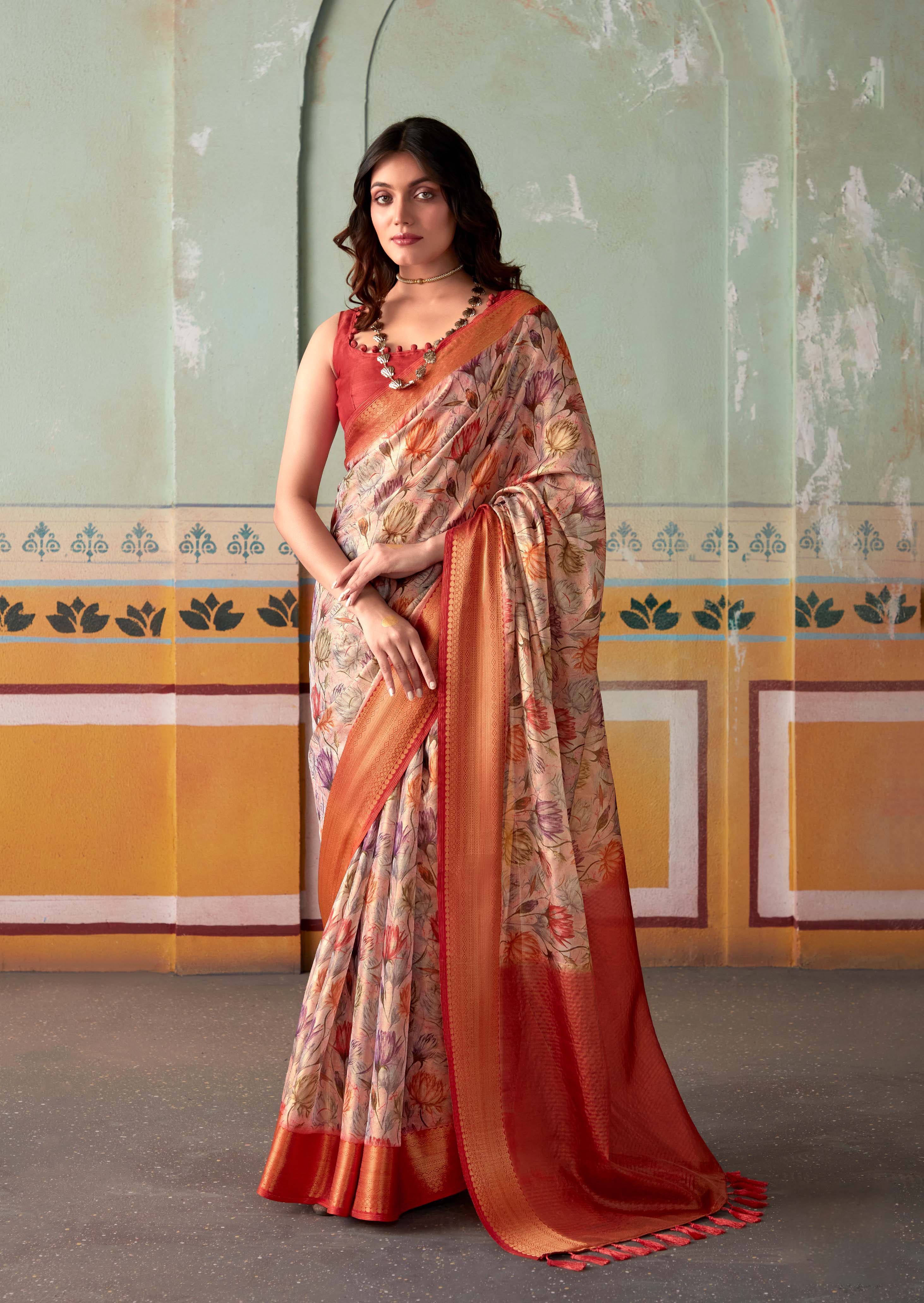 Enchanting Pink and Red Banarasi Tissue Silk Saree