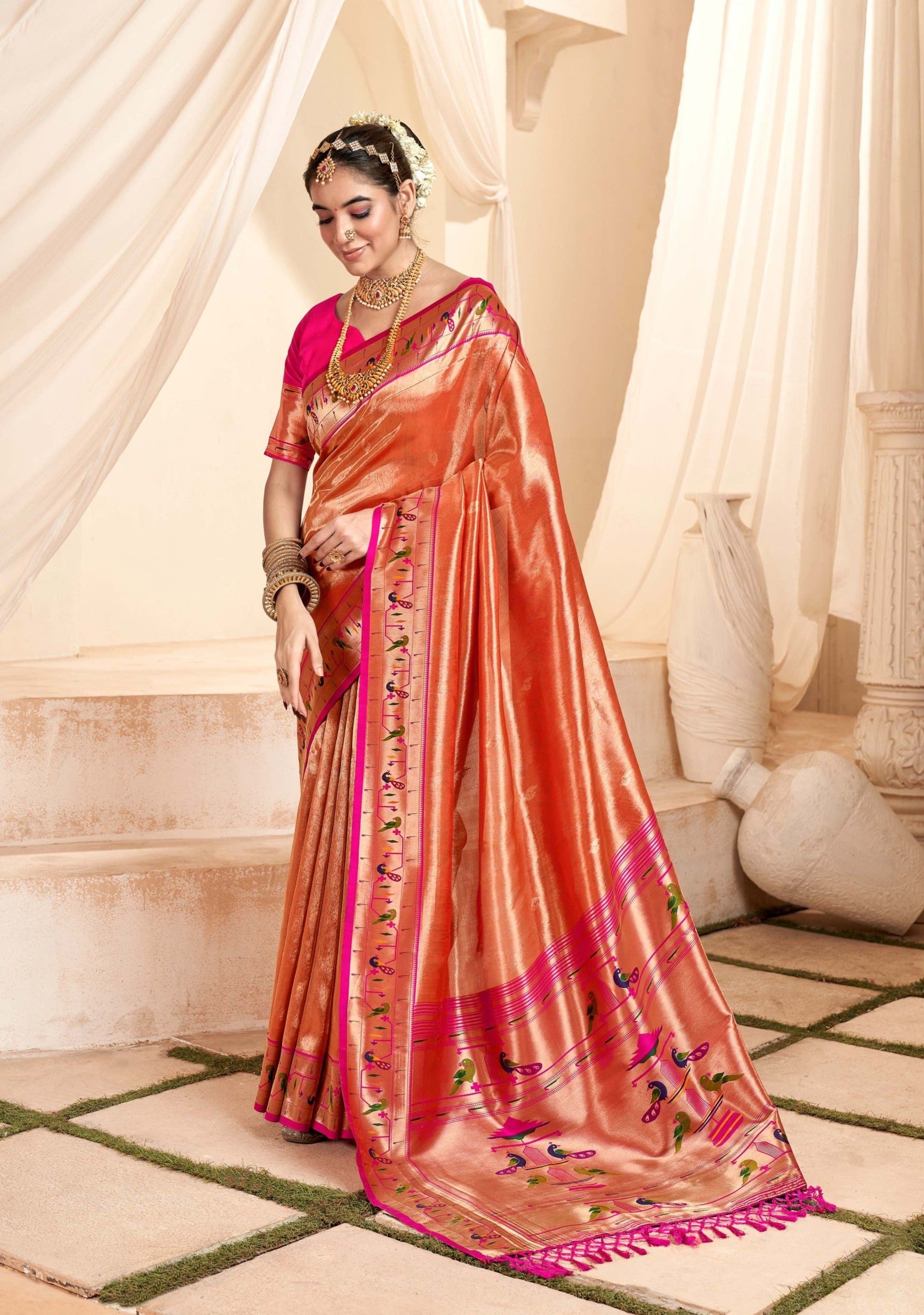 Vibrant Orange Paithani Tissue Silk Saree