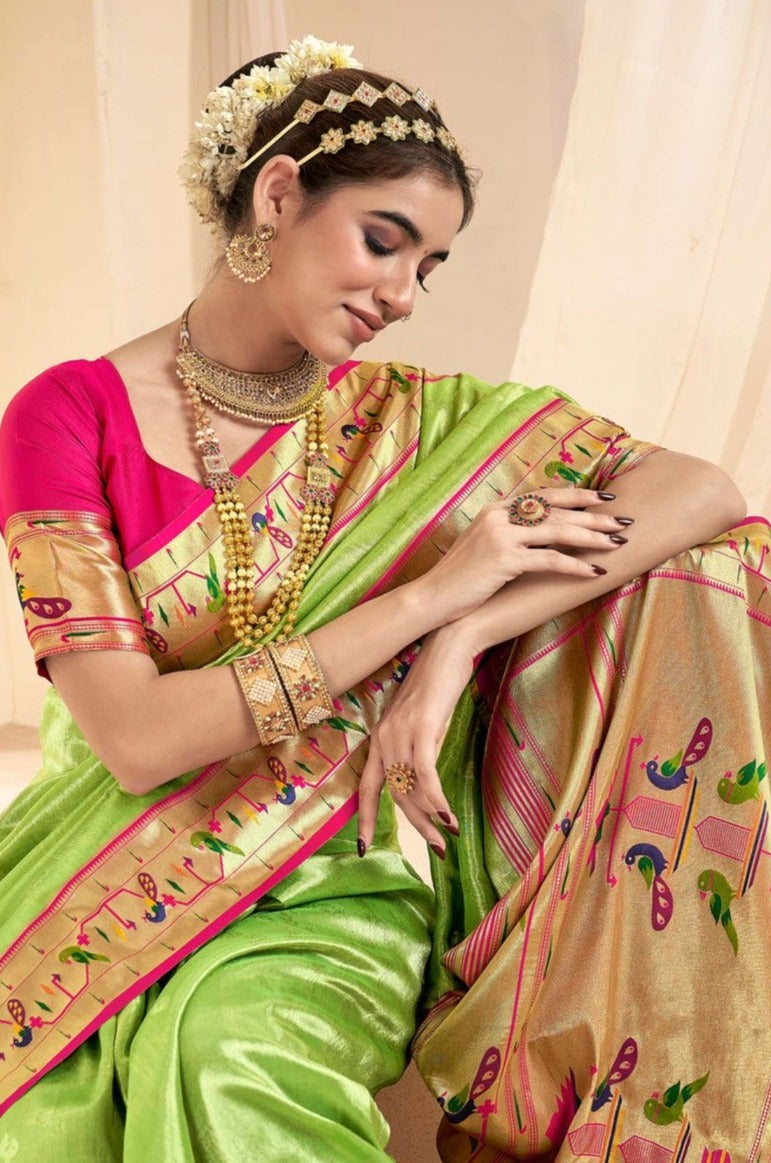 Graceful Pista Green Paithani Tissue Silk Saree