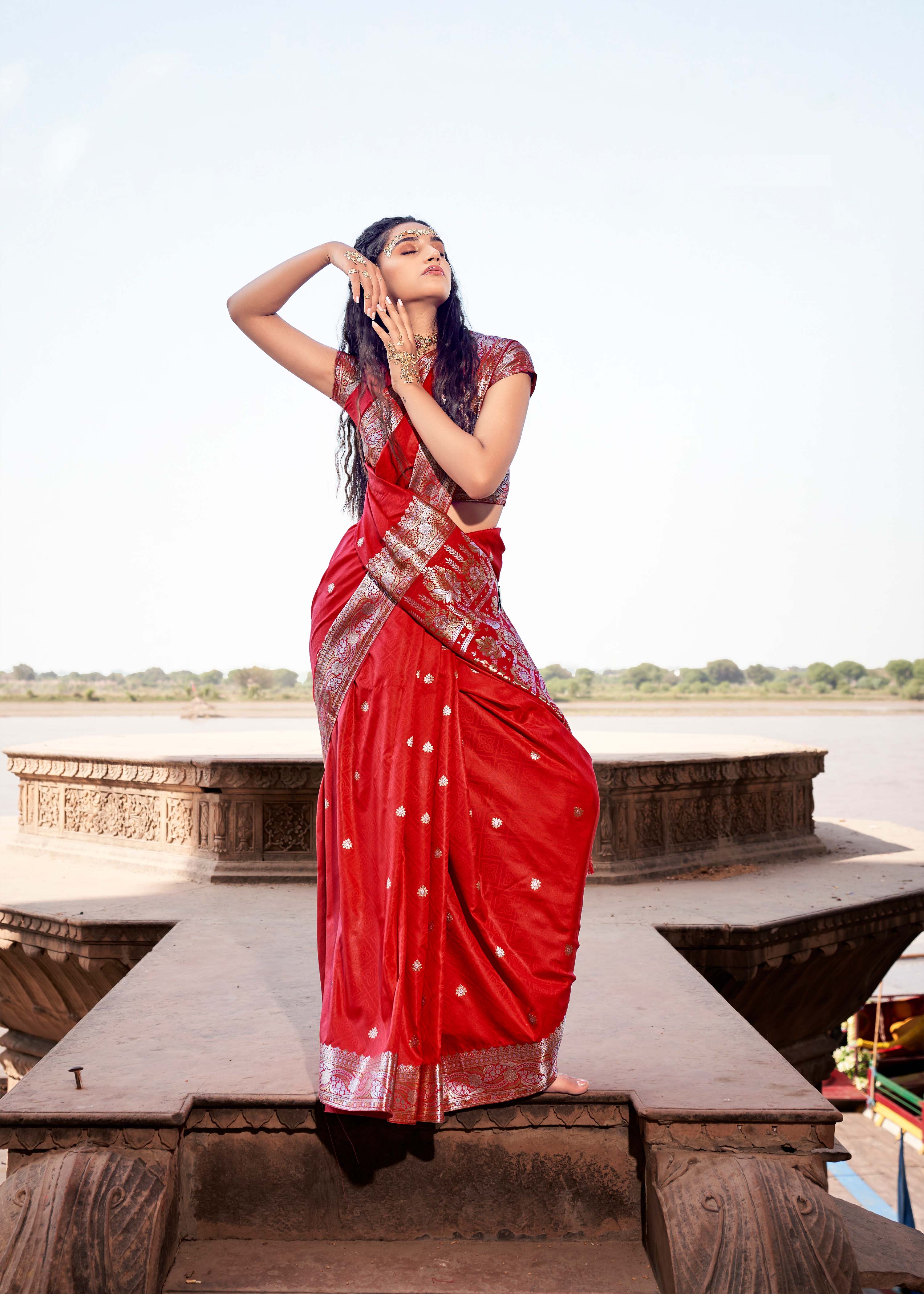 Ruby Red Elegance Banarasi Satin Silk Saree