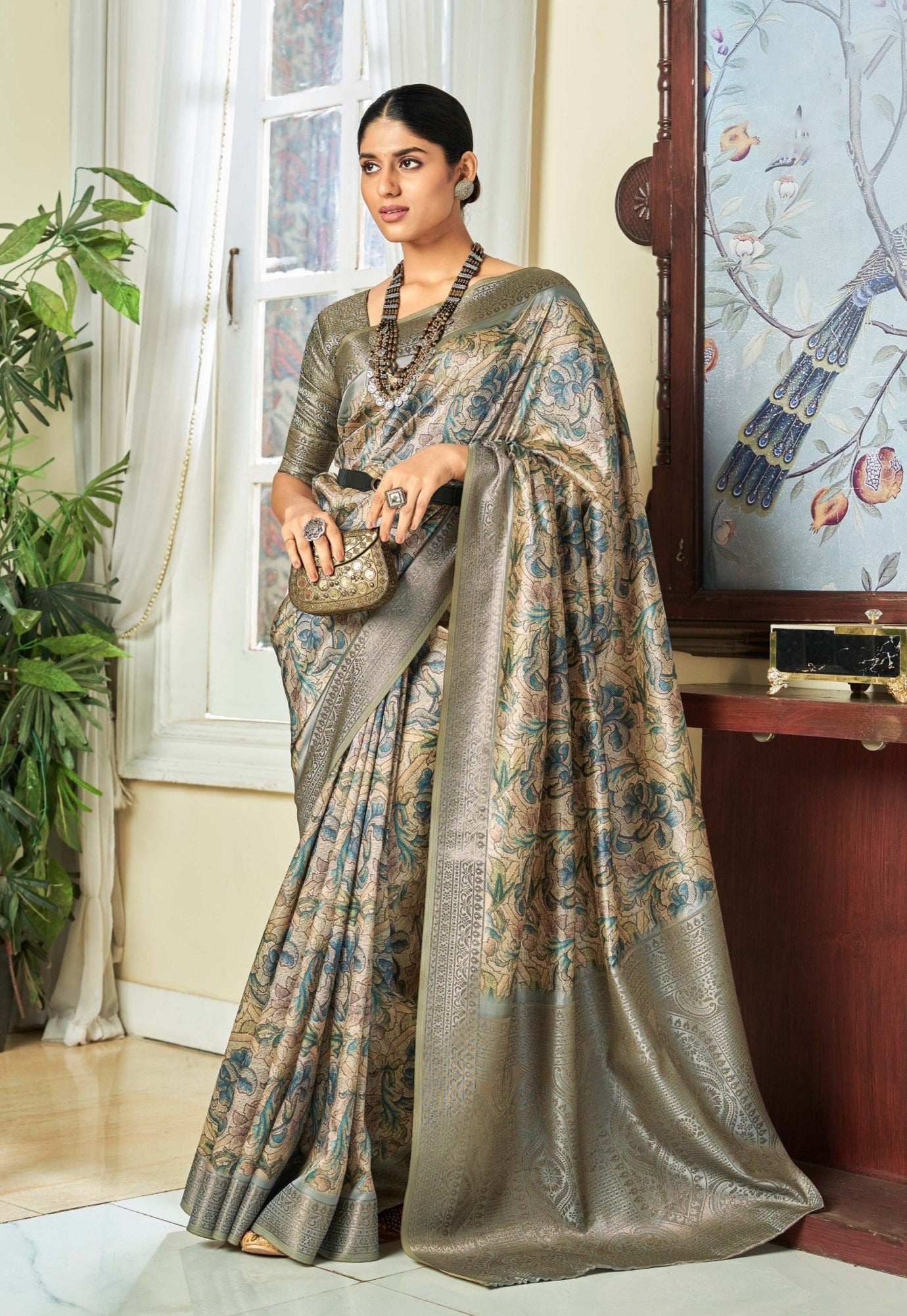 Elegant Grey Banarasi Satin Silk Saree