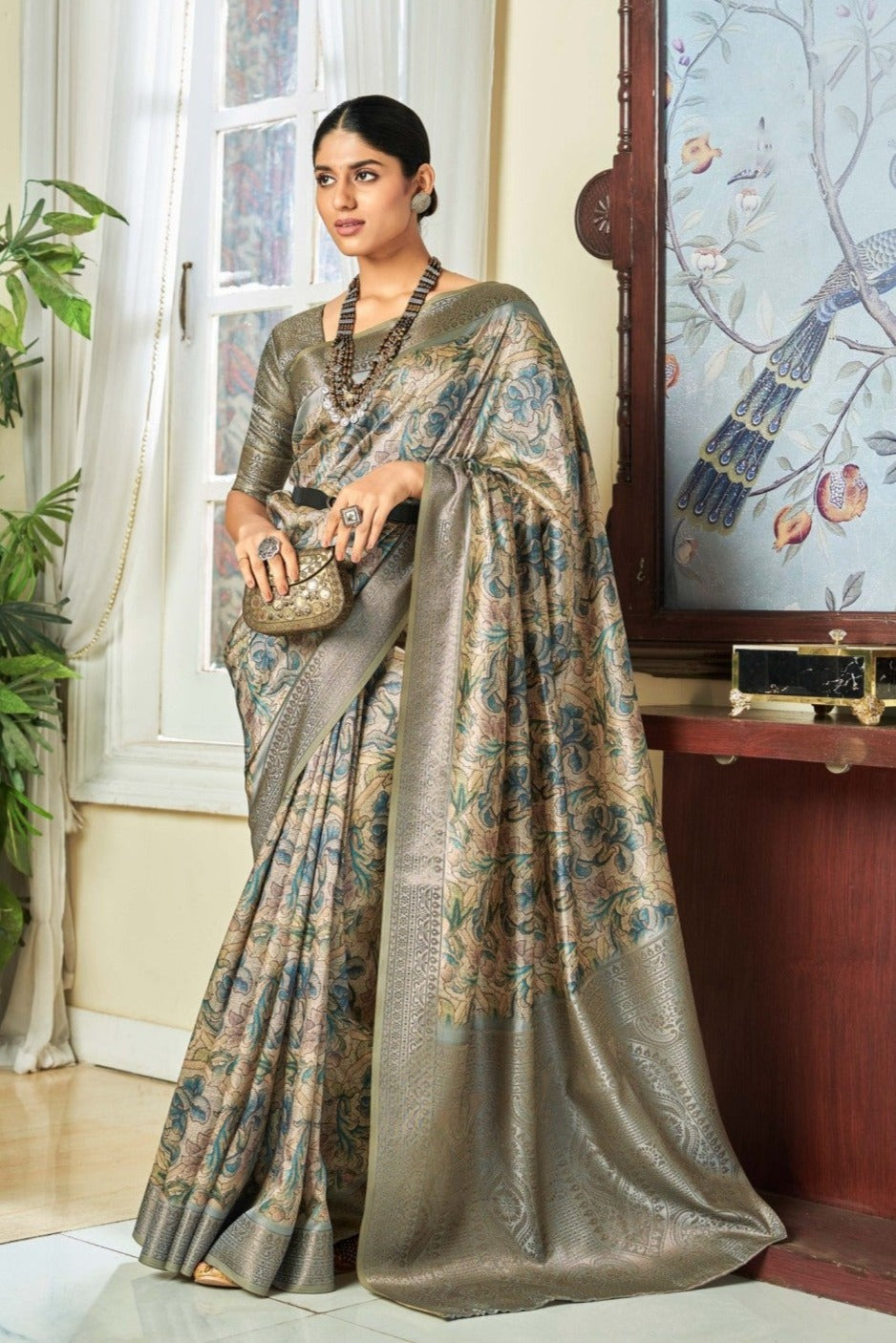 Elegant Olive Green Banarasi Satin Silk Saree