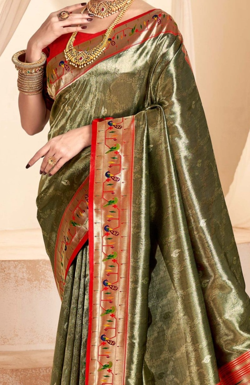 Elegant Olive Green Paithani Tissue Silk Saree