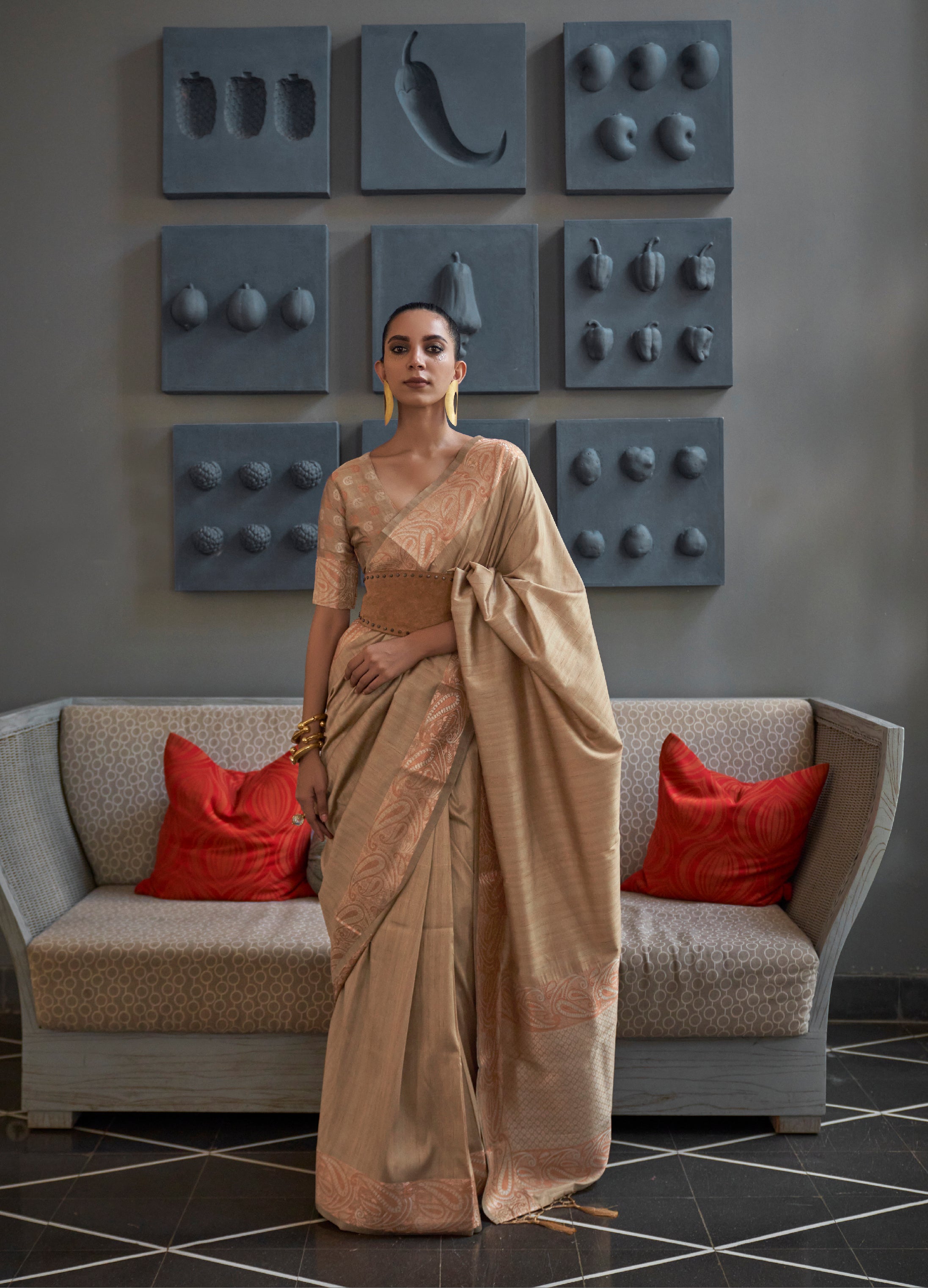 Earthy Tan Woven Brocade Tussar Silk Saree