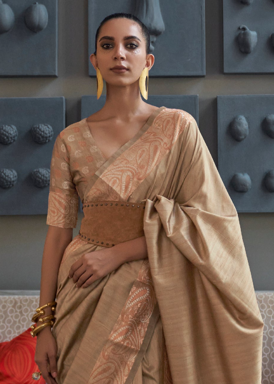 Earthy Tan Woven Brocade Tussar Silk Saree