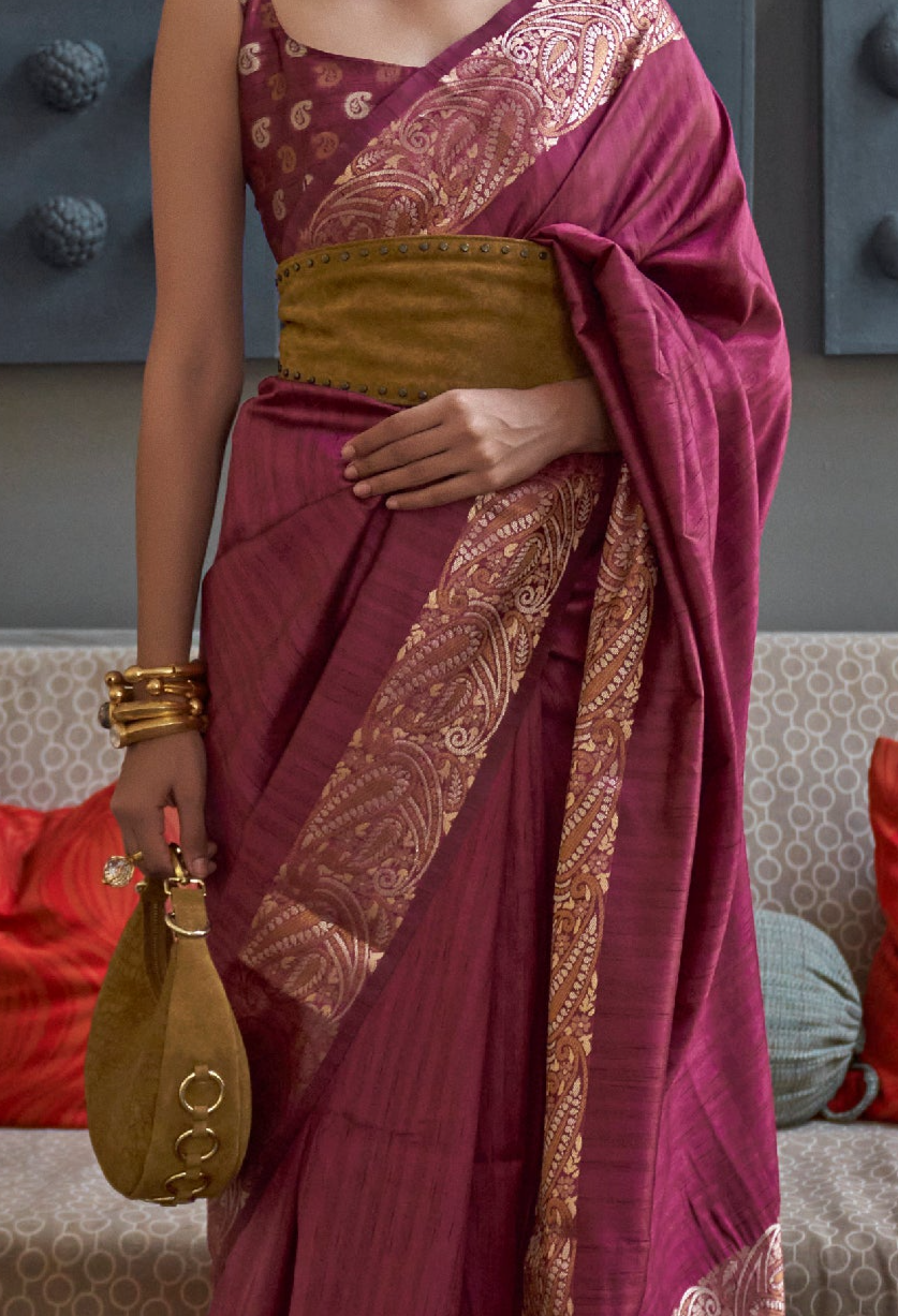 Majestic Magenta Woven Brocade Tussar Silk Saree