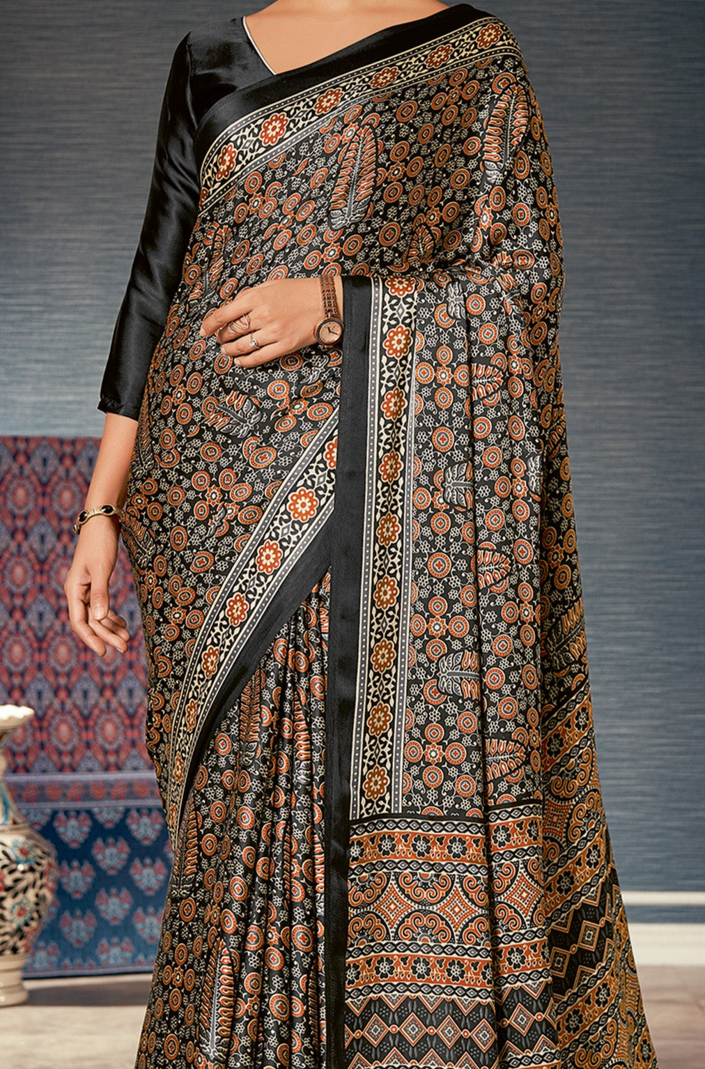 Classic Black Ajrakh Saree